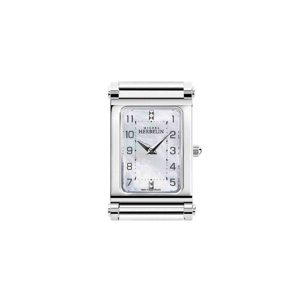 Rechthoekig damesuurwerk van Michel Herbelin uit de 'Antarès' collectie. 
Parelmoer wijzerplaat met duidelijke cijfers.
Waterdichtheid: 3 ATM
Let op! De prijs van dit uurwerk = de prijs zonder band! De band kan je zelf kiezen: stalen band €180, enkele lederen band €90, dubbele lederen band €120