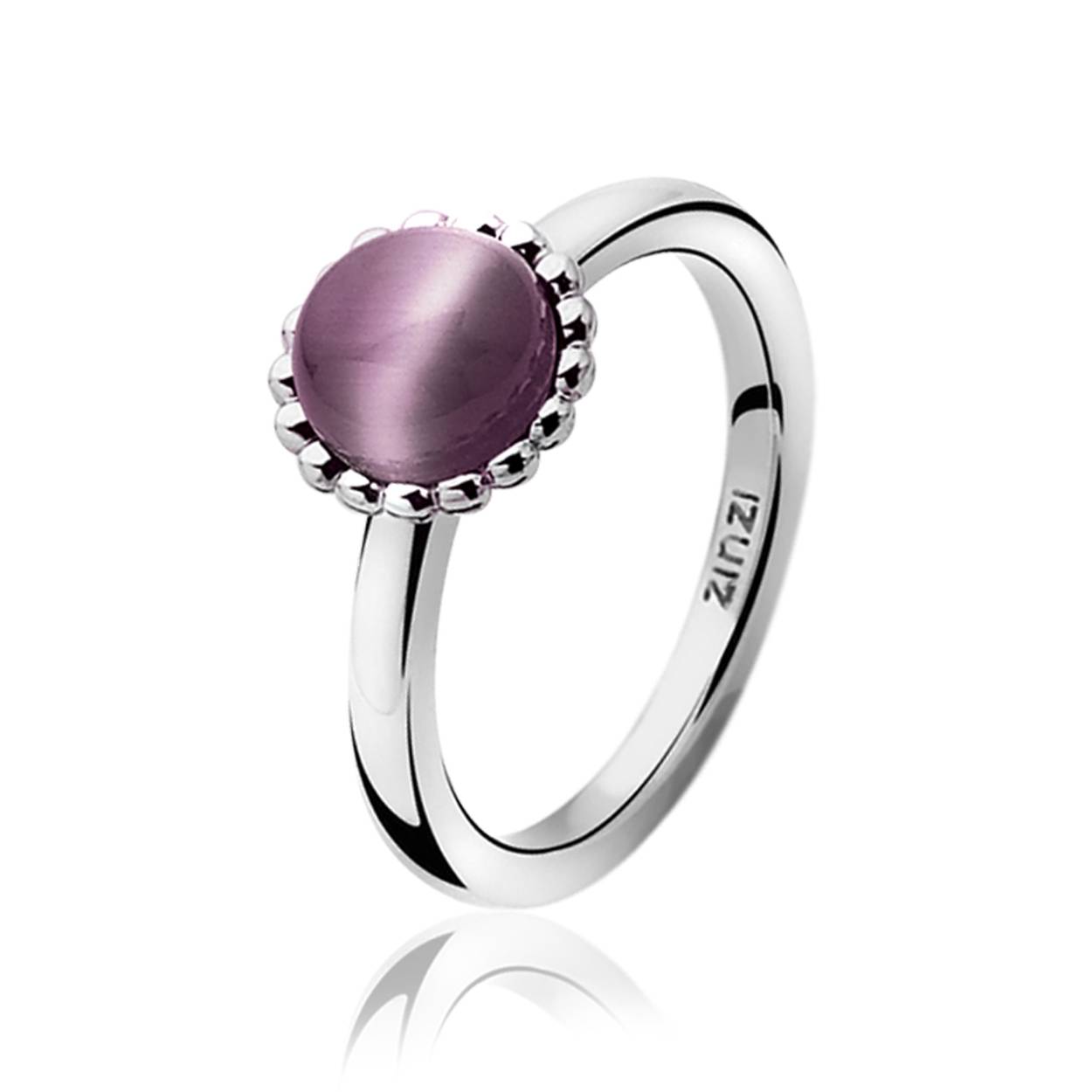 ZINZI smalle zilveren ring met paarse cateye omlijst met bolletjes. Vervaardigd van eerste gehalte zilver (925) en met extra rodiumlaag voor een langdurige glans.