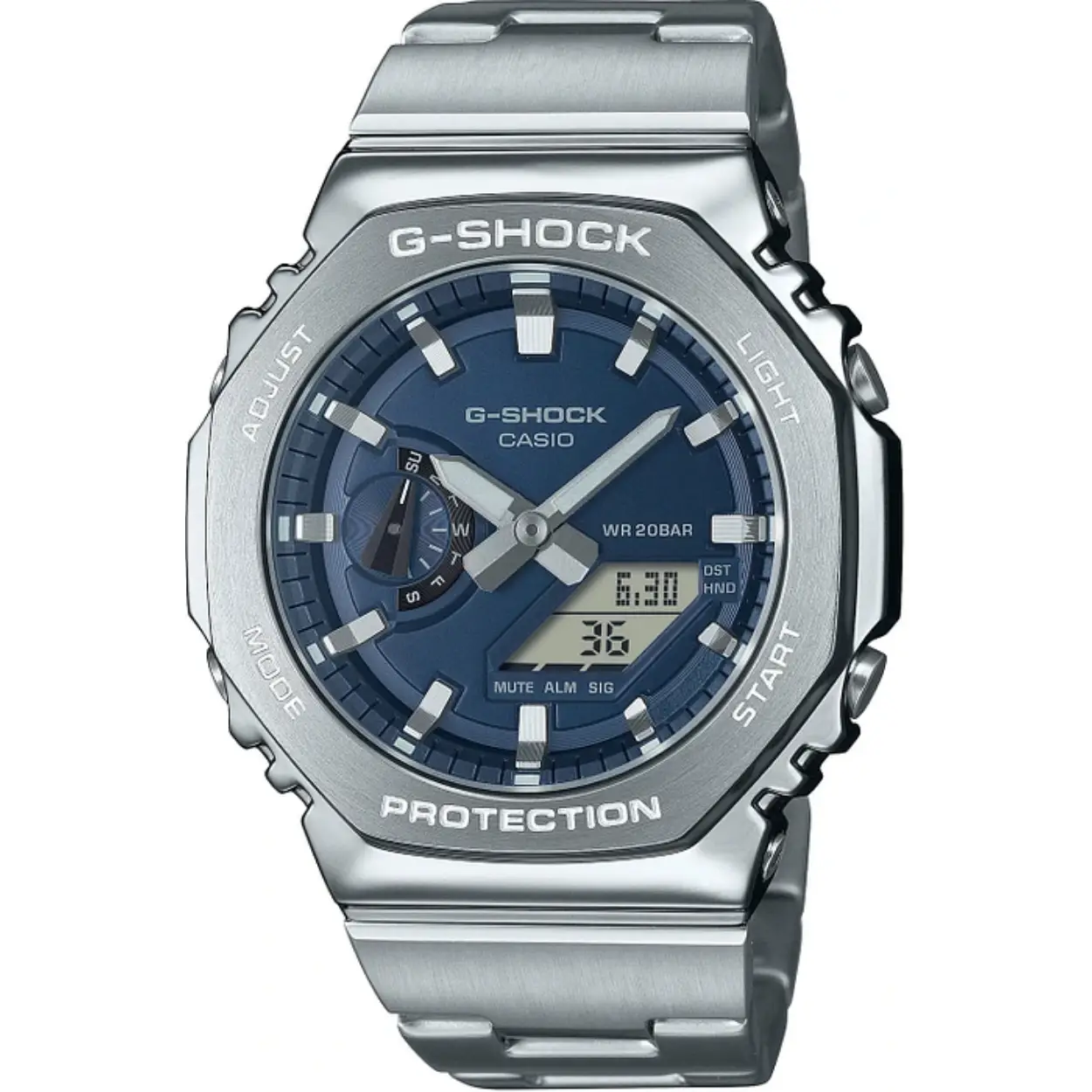 De CASIO G-SHOCK GM-2110D-2BER is een stoer en stijlvol horloge dat perfect is voor de moderne man die houdt van avontuur en stijl. Met een analoge tijdaanduiding en een quartz uurwerk ben je altijd verzekerd van een nauwkeurige en betrouwbare tijdweergave.

De diameter van de kast is 44 mm en de hoogte is 12 mm, waardoor het horloge een robuuste uitstraling heeft zonder te zwaar aan de pols te voelen. De ronde zilverkleurige behuizing van roestvrij staal zorgt voor een stevige en duurzame constructie die bestand is tegen dagelijkse slijtage.

De blauwe wijzerplaat en het mineraalglas geven het horloge een frisse en moderne uitstraling, terwijl de zilverkleurige roestvrij stalen band zorgt voor een comfortabele pasvorm en een luxe uitstraling.

Dankzij de datumweergave heb je altijd zicht op de juiste datum en met een waterdichtheid van 20 bar is dit horloge zelfs geschikt voor duiken. Of je nu gaat zwemmen, snorkelen of duiken, dit horloge kan het allemaal aan.

De vlinder- of vouwsluiting zorgt ervoor dat het horloge veilig en stevig om je pols blijft zitten, zelfs tijdens de meest actieve bezigheden. Of je nu gaat sporten, werken of gewoon een avondje uit bent, dit horloge past bij elke gelegenheid.

Als officieel Casio verkooppunt kunnen wij garanderen dat dit horloge van hoogwaardige kwaliteit is en voldoet aan de hoge standaarden die je van Casio mag verwachten. Met de CASIO G-SHOCK GM-2110D-2BER ben je altijd bij de tijd en klaar voor elk avontuur.