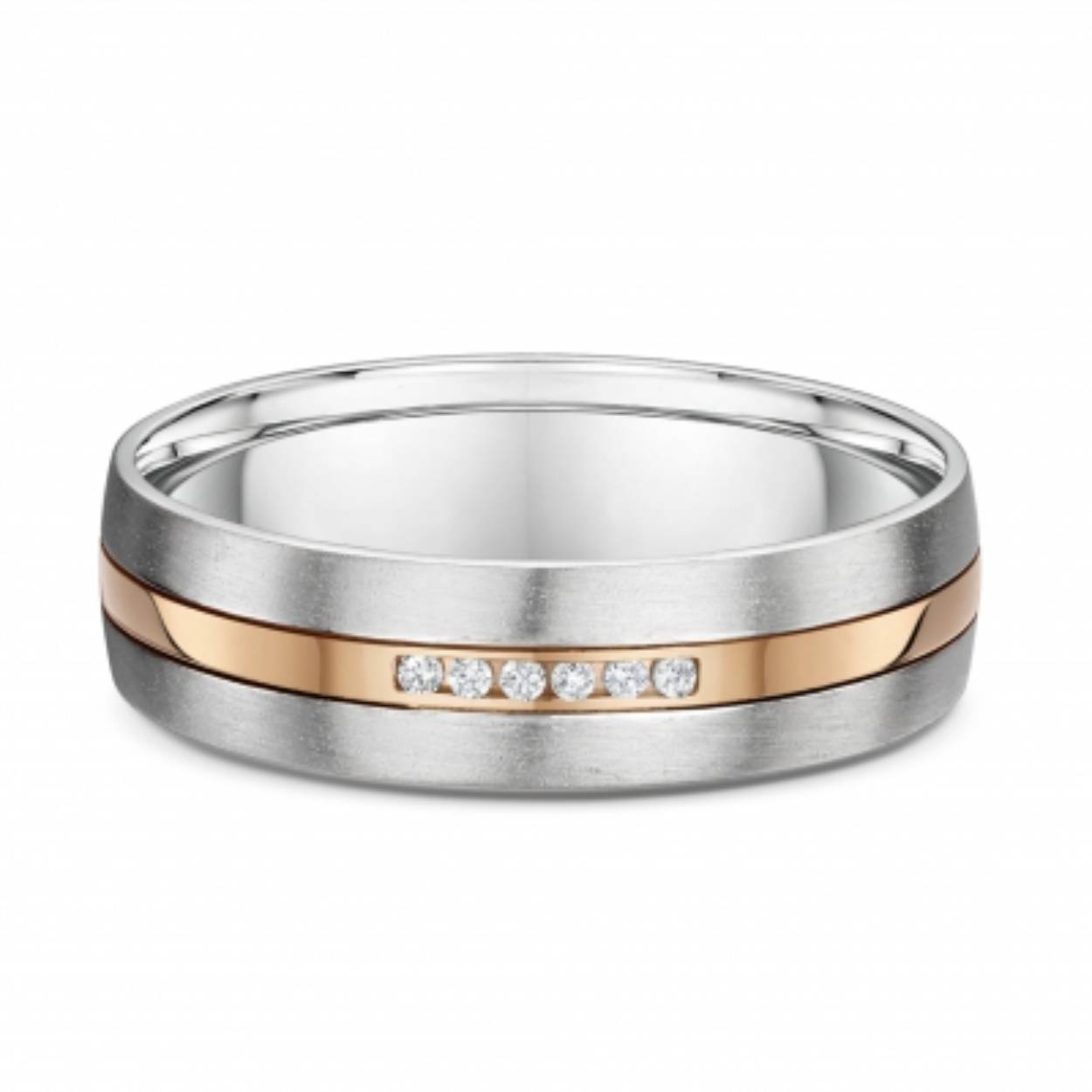 14karaat wit/rosegouden trouwringen. De damesring is gezet met in totaal 0.030crt diamant