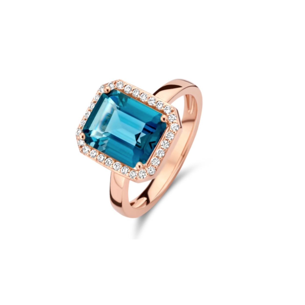 Etna ring in 18 Kt rosé goud met London Blue topaas en diamanten