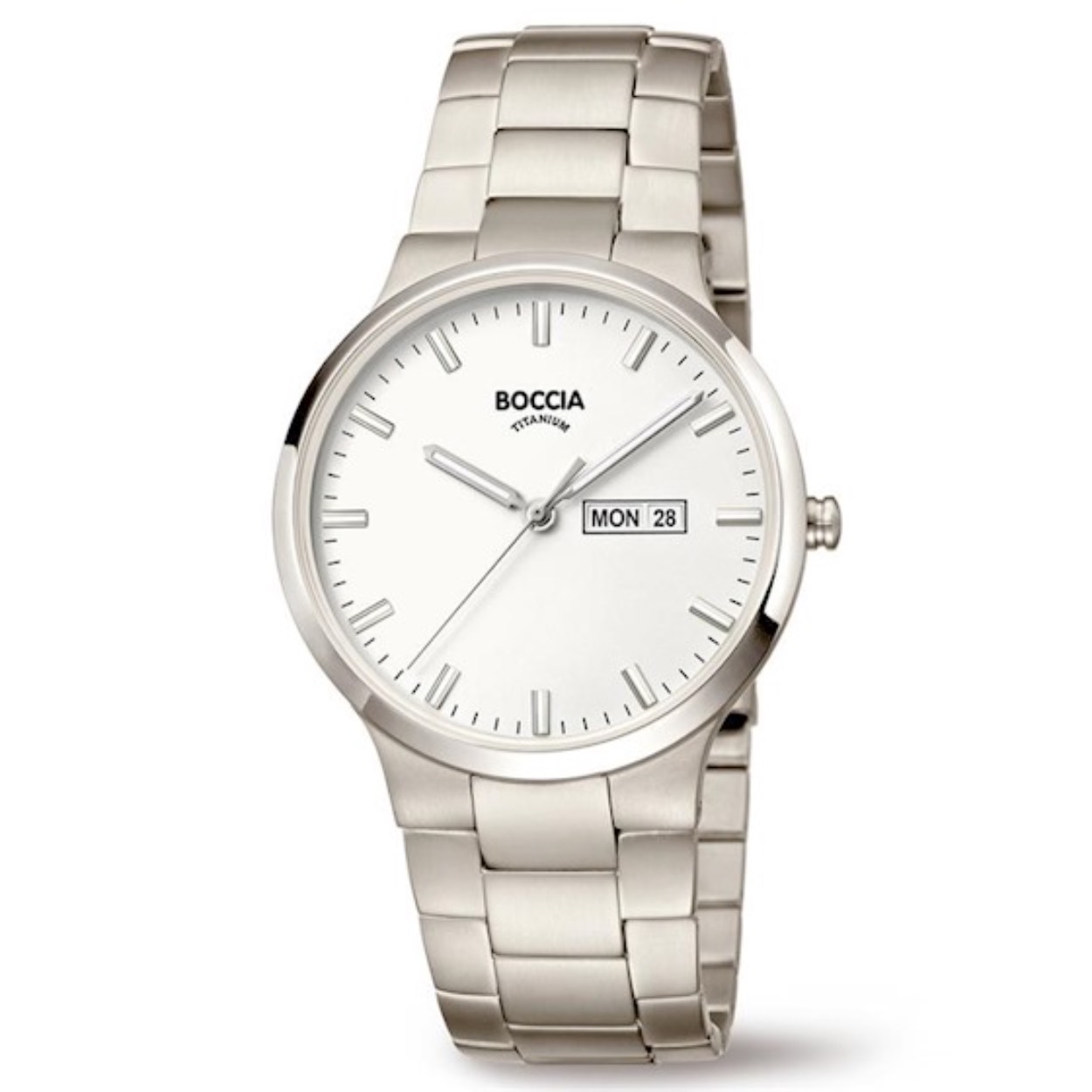 Boccia Titanium 3649-01
Dit herenhorloge van Boccia Titanium heeft een nette uitstraling. De zilverkleurige titanium horlogekast zorgt voor een stijlvolle look en de witte wijzerplaat maakt het horloge klassiek. Het horloge heeft een ronde kast met een diameter van 39mm, een dag, een datum, een saffierglas, en is 5ATM. Combineer dit prachtige exemplaar met de andere sieraden van Boccia Titanium voor een complete look. Aan de titanium kast zit een titanium band. 

HET MERK
Boccia Titanium is het titanium merk van Nederland, dat zijn oorsprong in Duitsland vindt en is opgericht in het jaar 1992. Ontwikkeld door internationale ontwerpers. Alle titanium componenten van de BOCCIA TITANIUM collectie zijn gemaakt van 99,7% puur titanium; het bijzondere materiaal. Het is licht in gewicht, neemt de temperatuur van de huid aan en is zeer huidvriendelijk. Bovendien is het corrosie- en temperatuurbestendig.

SPECIFICATIES
- Saffierglas
- Ronde titanium horlogekast, Ø 39mm
- Titanium band
- Witte wijzerplaat
- 5ATM (Regen- & spatwaterdicht)