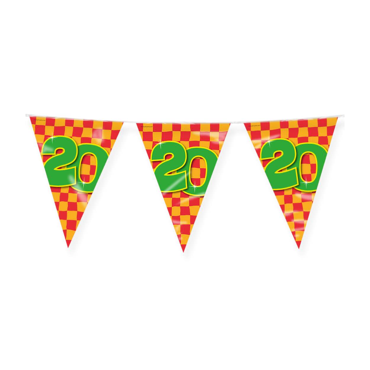 De Happy party flags 20 zijn de ideale versiering op de verjaardag van een 20-jarige. Door de vrolijke kleuren vallen deze party vlaggen dan ook extra goed op! De aan beide kanten bedrukte vlaggetjes zijn gemaakt van folie, hebben een lengte van 10 meter