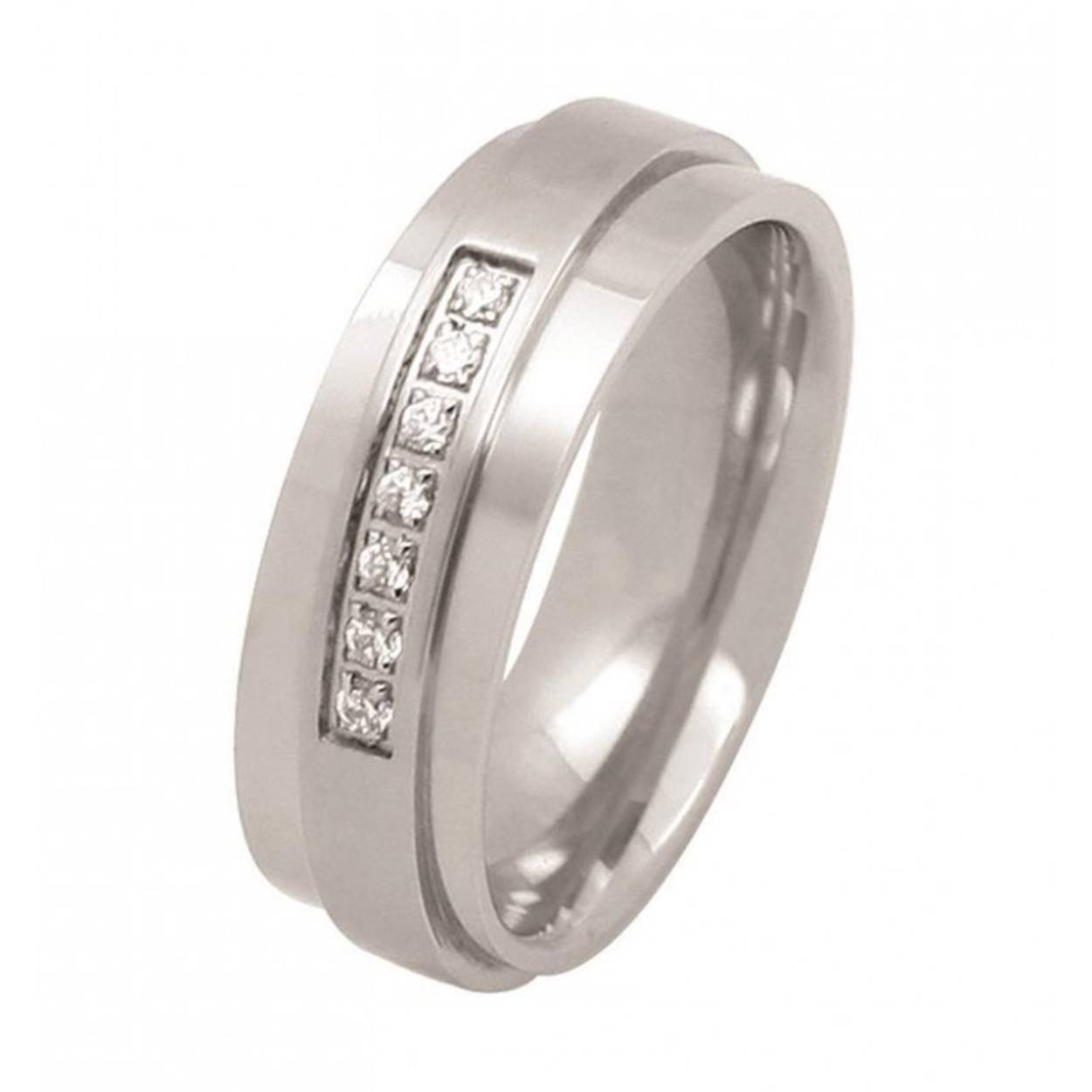 Staal ring mat/glanzend met schuine baan en zirkonia's - 6 mm