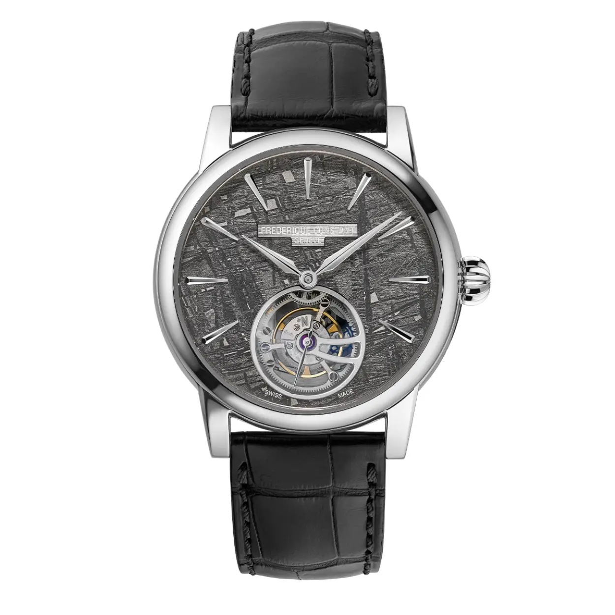 De Classic Tourbillon Manufacture: gelimiteerde editie NR20. 38h gangreserve
2023 markeert het 35-jarig jubileum van Frederique Constant en het 15-jarig jubileum van zijn iconische Tourbillon-kaliber. Voor de gelegenheid heeft het Maison een Classic Tourbillon Meteorite Manufacture in platina onthuld, met een meteorieten wijzerplaat en gelimiteerd tot slechts 35 stuks. Dit is een absolute primeur, aangezien elk afzonderlijk uurwerk volledig met de hand wordt afgewerkt: een onderneming die is toevertrouwd aan twee horlogemakers van de Manufacture wiens enige missie was om de hoogst mogelijke graad van handmatige afwerking op het uurwerk te bereiken.