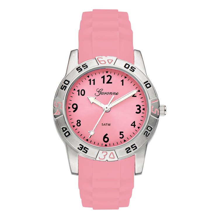 Garonne kinderhorloge met een roze band. De kastbreedte is 29 mm. De band is van soepel rubber in een vrolijke kleur.
