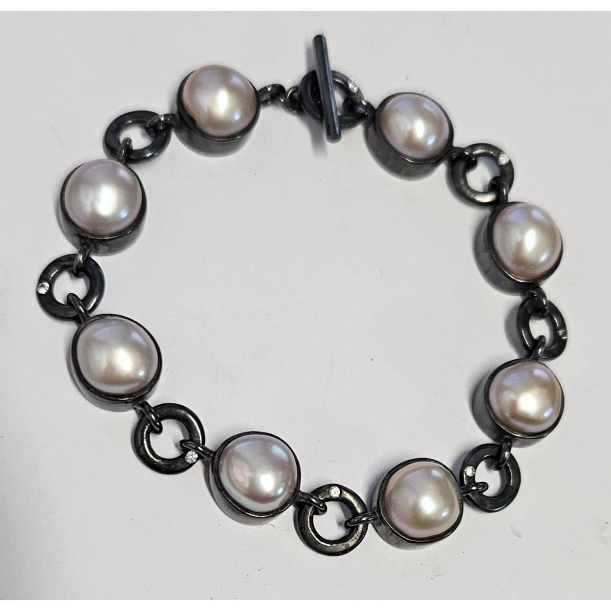 Armband zilver geoxideerd met roze parel en zirkonia