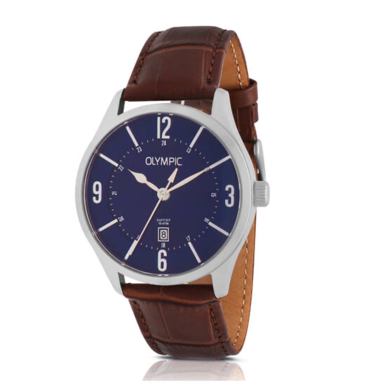 Dit unieke Olympic horloge is een klassiek horloge. De ronde stalen kast heeft een gladde bezel en een zilverkleurige wijzerplaat met een dag,- en datum aanduiding. Aan de kast zit een bruine lerenband met een gespsluiting. Het horloge heeft een saffierglas een doorsnee van 41mm en is 10ATM.
