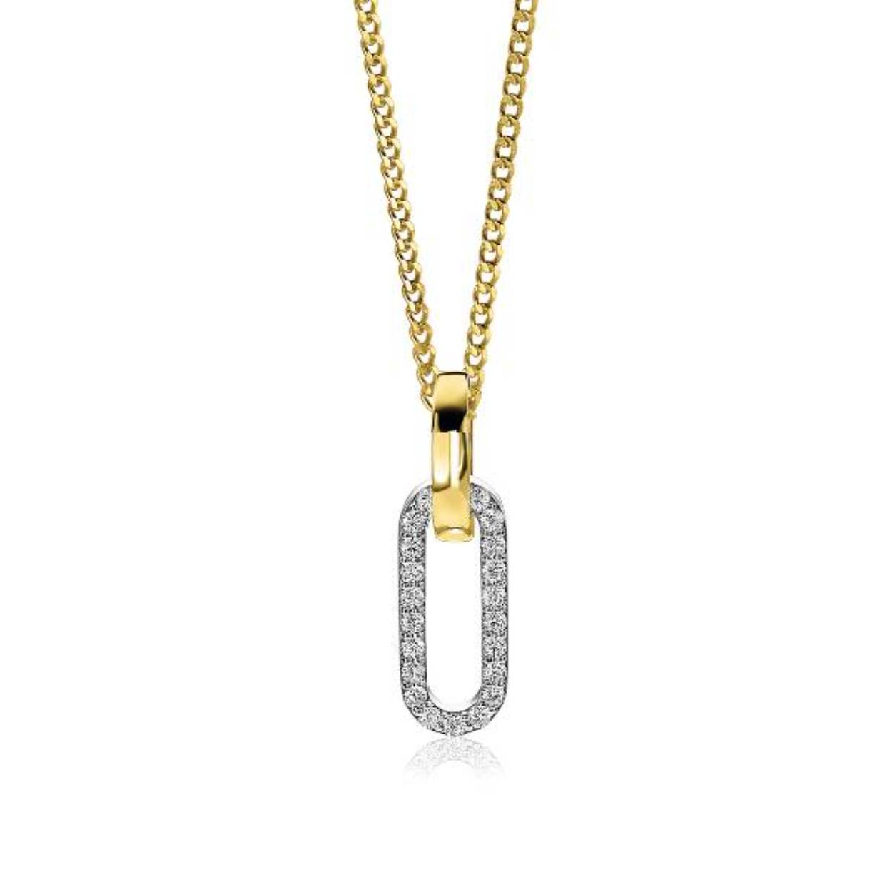 ZINZI zilveren hanger in ovale vorm (28mm), met witte zirconia's en glad geelverguld hangoog ZIH2156