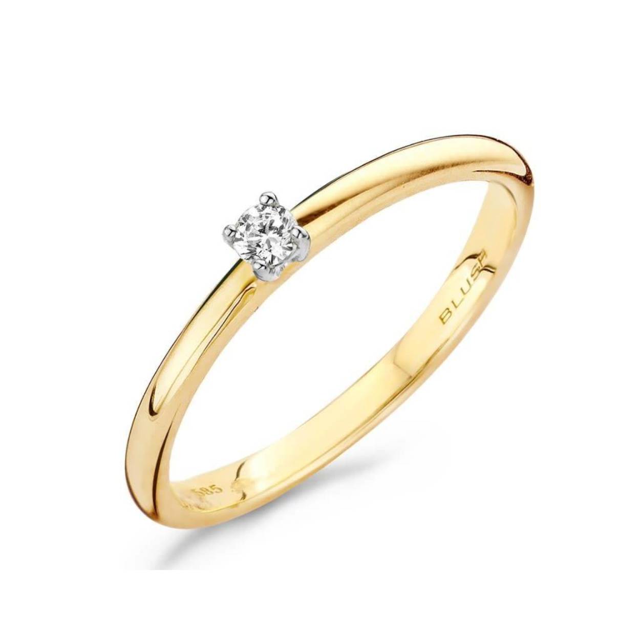 Ring 1601BDI van Diamonds by Blush. De ring is gemaakt van 14 karaat goud en is bezet met een diamant van 3 mm doorsnee en 0,06 ct