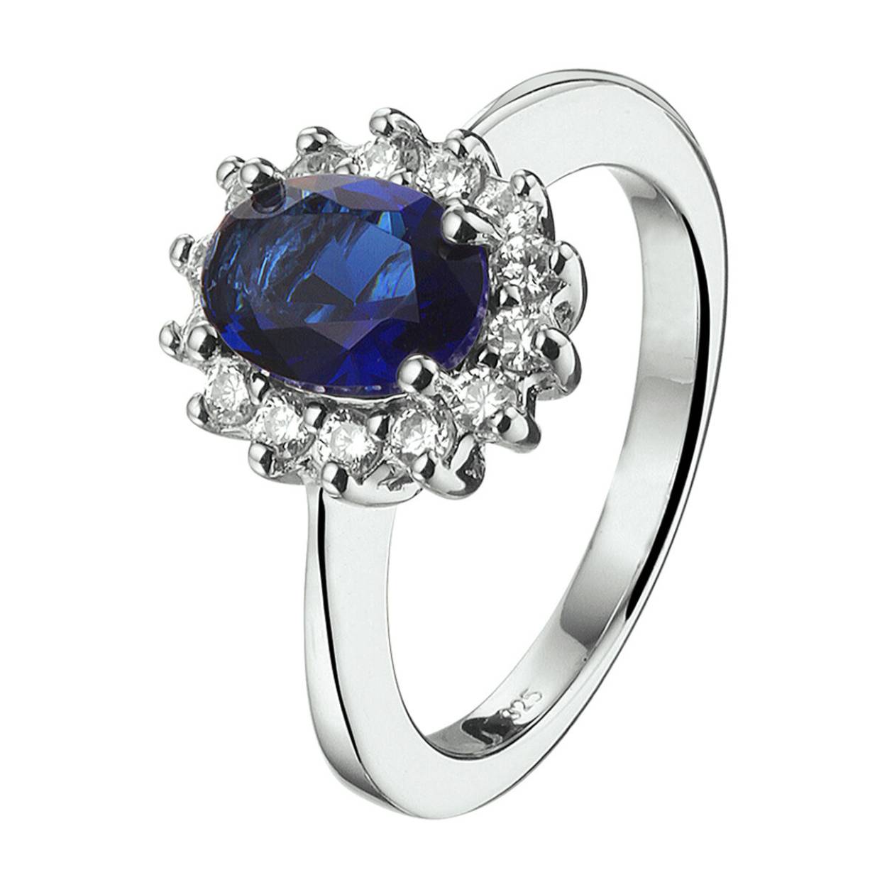Gerhodineerd zilveren ring met synthetische saffier en zirkonia.