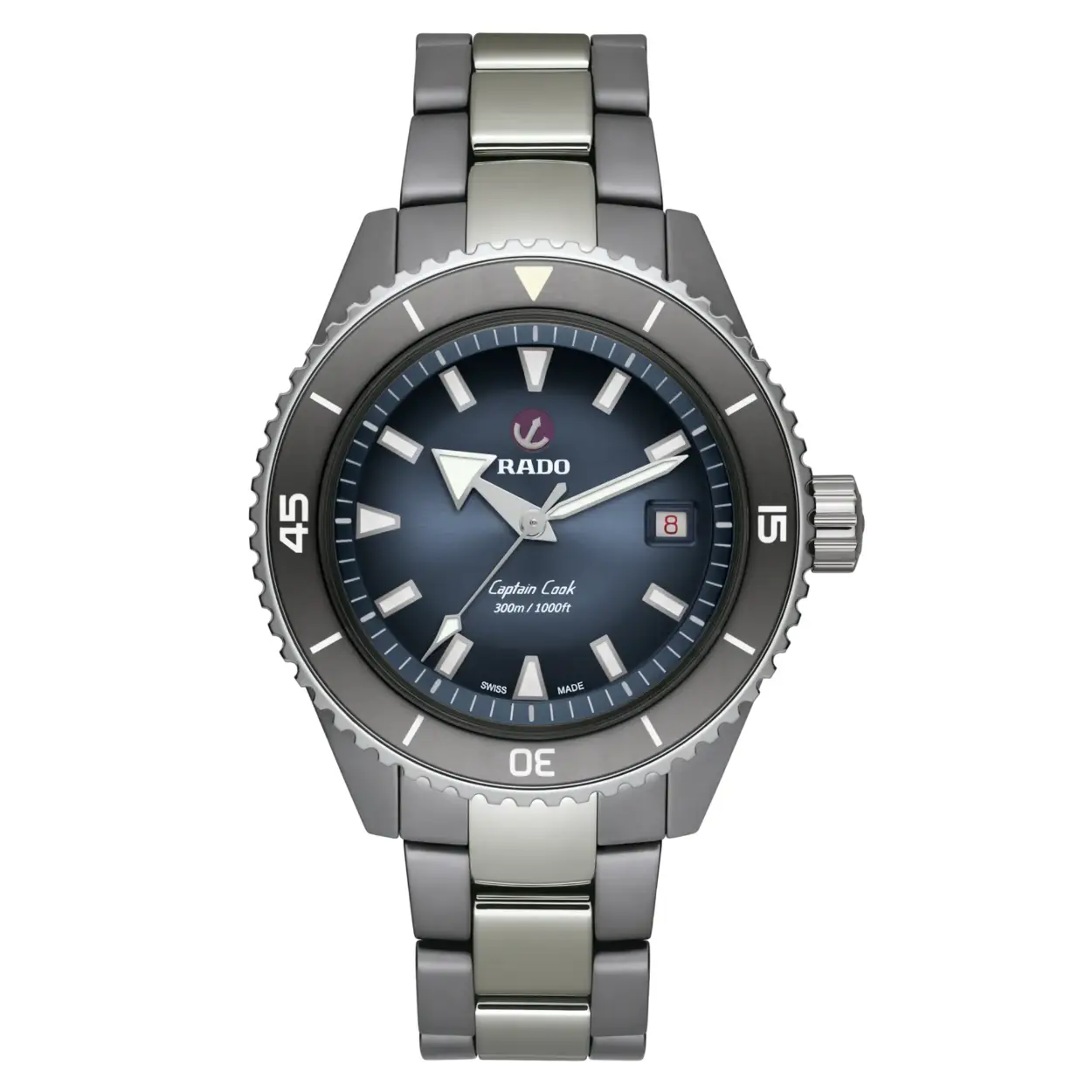 Rado Captain Cook High-Tech Ceramic Diver R32144202 horloge met automatisch binnenwerk. De kast (43mm) en armband van dit model is volledig uit keramiek. Het horloge heeft een blauwe wijzerplaat. gecertificeerde duikershorloge zijn gecoat met SuperLumi-Nova® voor een uitstekende zichtbaarheid op de blauw gelakte en gepolijste wijzerplaat. Dit horloge heeft een krasbestendig saffier glas en is 30 ATM (300m) water resistent.