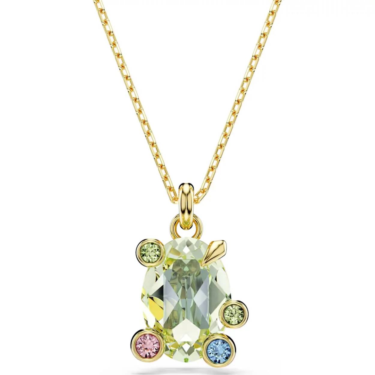 Deze bruisende Gema-hanger geeft uw dagelijkse stijl kleur. Het centrale motief hangt aan een delicate ketting met goudkleurige toplaag en is voorzien van een groot groene kristal omringd door kleinere kristallen in een vreugdevolle ‘bubble’ klauwzetting. Dankzij het vakkundige slijpwerk en de verschillende tinten trekt deze hanger altijd de aandacht. Combineer hem met een bijpassende armband voor een maximaal opwekkend effect.