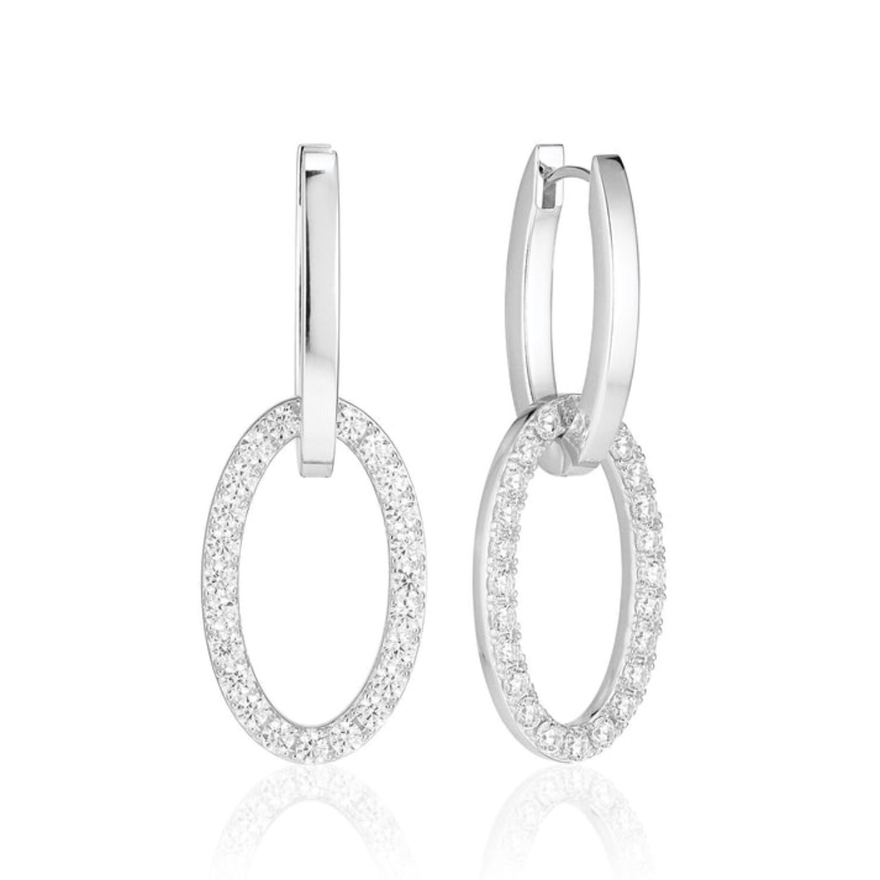 Oorringen gemaakt van 925 sterling zilver met gerhodineerd oppervlak, gepolijst oppervlak met facetgeslepen witte zirkonia.

Afmetingen : Lengte 42 mm, breedte 2,5 mm