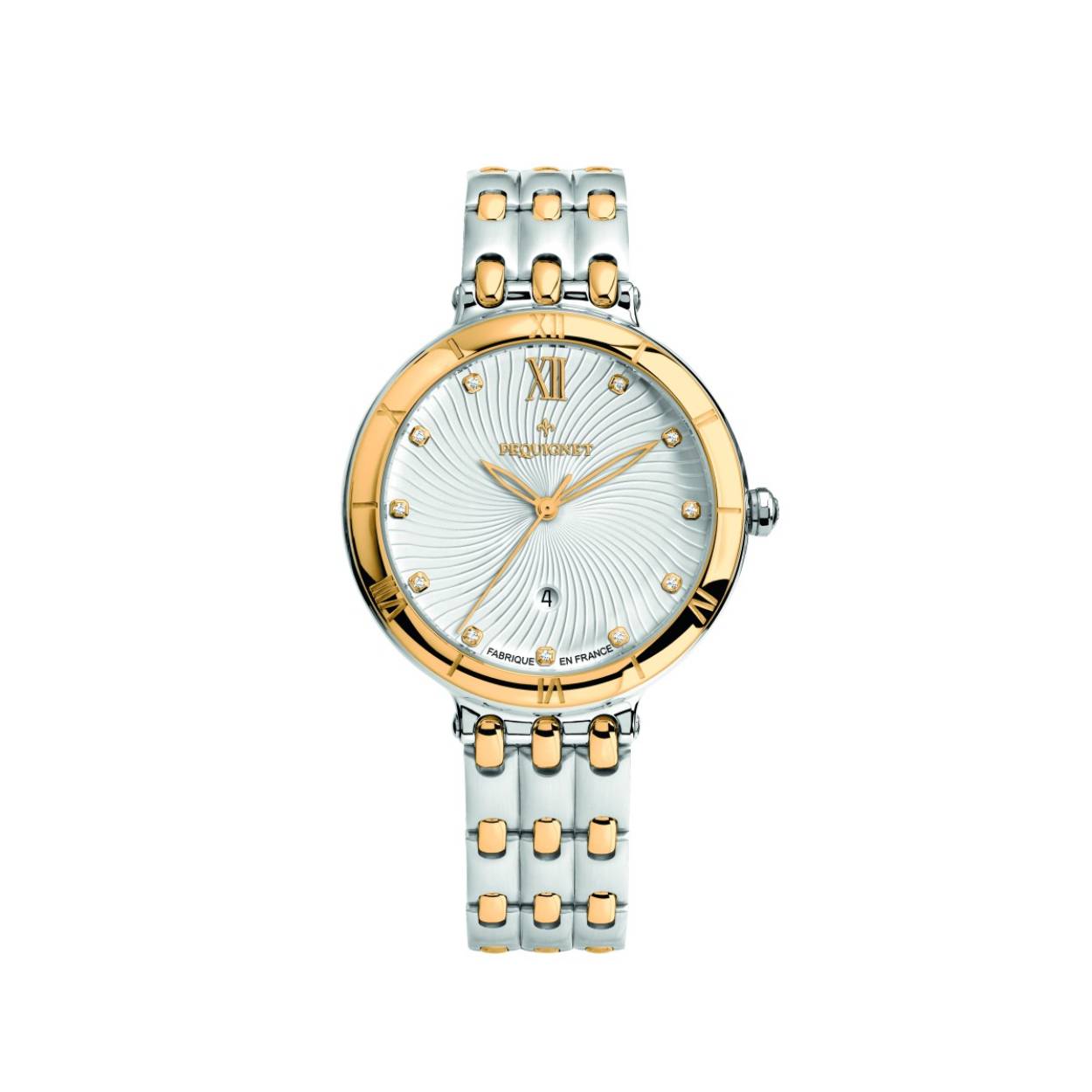 Pequignet Moorea dames horloge met 18krt gouden lunette en tussenschakels. Een zwitsers uurwerk in een edelstaal met gouden kast Saffierglas en een wijzerplaat met 11 diamanten.