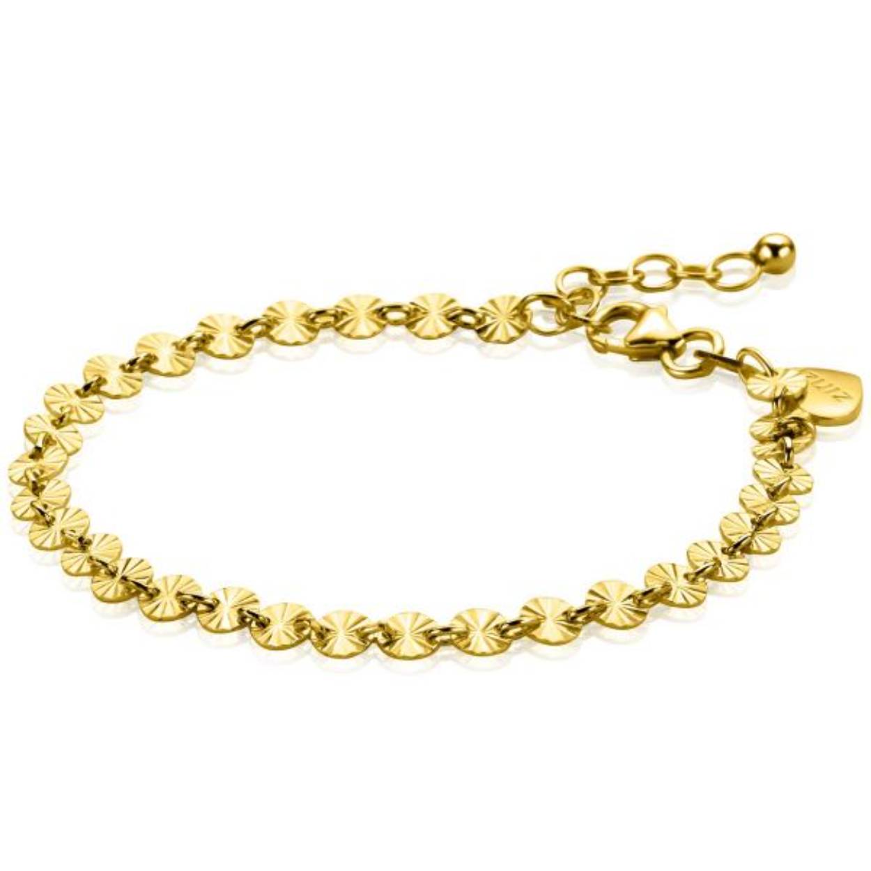 ZINZI gold plated zilveren armband met ronde schakels met zonnestralen-design. Deze stralende armband heeft ronde schakels met een diameter van 4,3 mm. Voorzien van een goede sluiting met daarnaast een herkenbaar Zinzi hartje. De armband is vervaardigd van eerste gehalte zilver (925) en voorzien van een extra 14K geel vergulding.