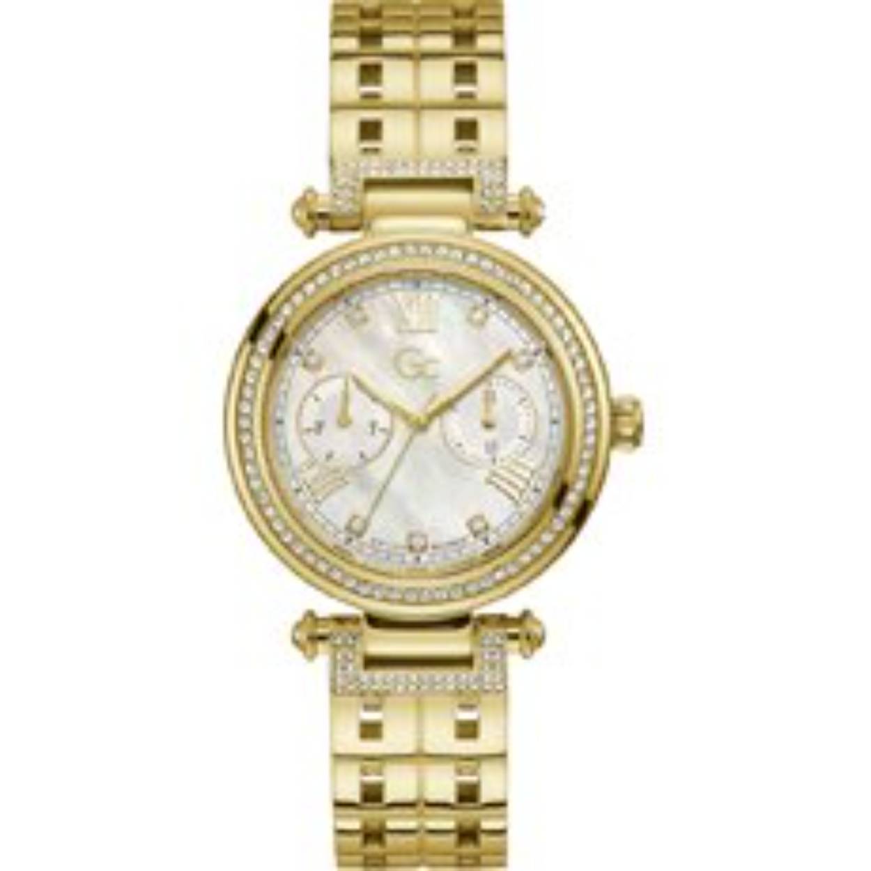 Schitter en straal met dit prachtige vrouwelijke goudkleurige day-date dameshorloge uit de Gc PrimeChic serie. Dit stijlvolle horloge is echt een fashion statement en eindeloos te combineren. Zowel de lunet als de aanzet van de horlogeband zijn gezet met schitterende Swarovski� kristallen. De wijzerplaat valt op door de prachtige kleur; parelmoer, maar ook omdat de index mede bestaat uit Swarovski� kristallen. De kast heeft een diameter van 36,5 mm en de goudkleurige wijzers zijn voorzien van een Super-LumiNova coating. Het horloge is tot 10 ATM waterdicht. Model: Y78002L1MF.