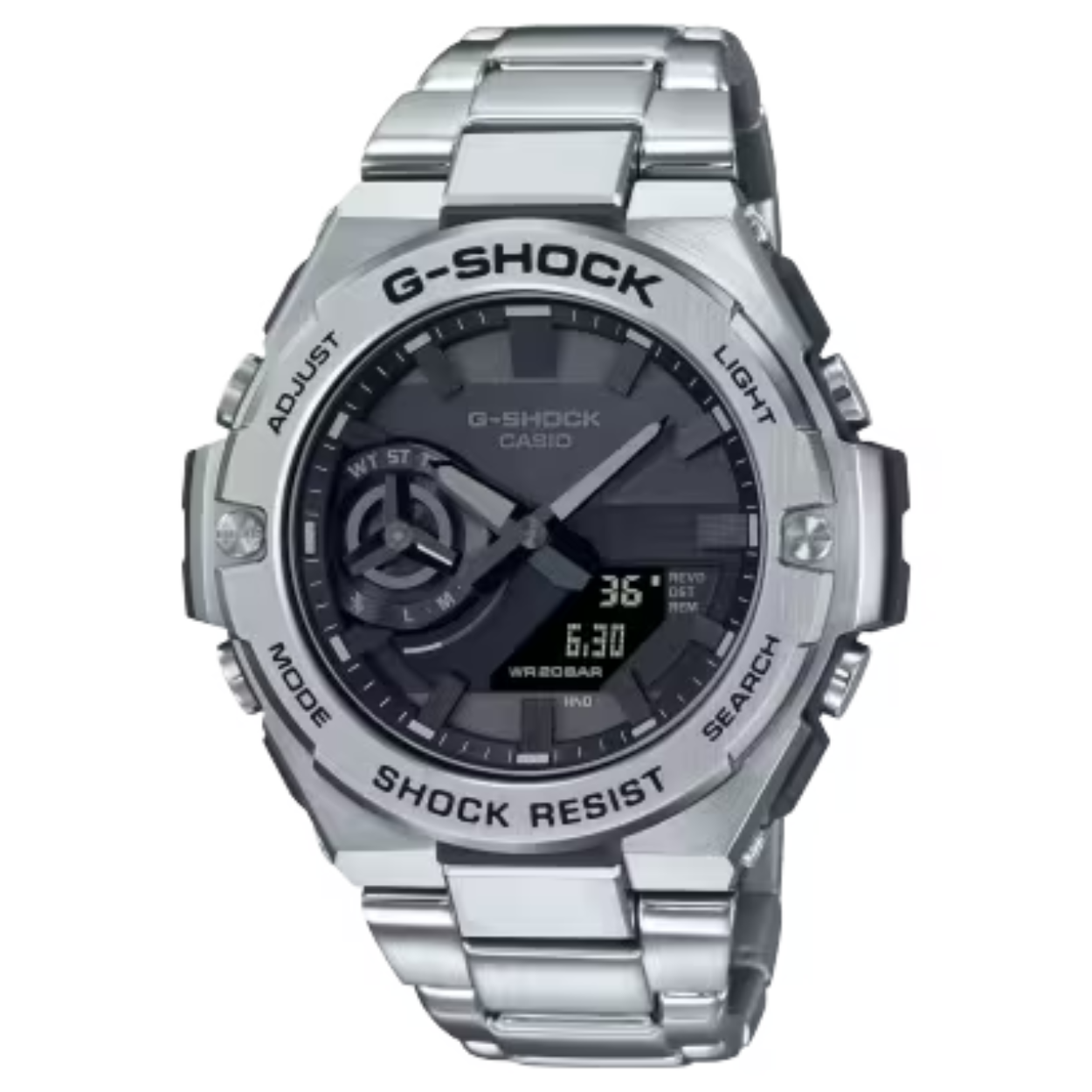 Dit is een Casio horloge uit de G-Shock collectie.
Dit horloge heeft de volgende specificaties:

Bluetooth® Smart
Het horloge is met een energiebesparende Bluetooth®-technologie uitgerust, die met een druk op de knop energiezuinige gegevensuitwisseling biedt. Via Bluetooth® kan het horloge draadloos met de smartphone worden verbonden, waardoor diverse handige functies toegankelijk worden.

Smartphone time
Wanneer de klok is gekoppeld met het toestel, wordt de tijd automatisch ingesteld en wordt de huidige tijd dus wereldwijd.

Dubbele illuminator
Zowel het digitale als analoge gebied van het horloge wordt verlicht als de EL-verlichting wordt ingeschakeld.

Schokbestendig
Een schokbestendige constructie beschermt tegen schokken en trillingen.

Lichtenergie
Zonnecellen zorgen voor een onafhankelijke en milieuvriendelijke stroomvoorziening van het horloge. Overtollige zonne-energie wordt in een accu opgeslagen.

Neo-display
De wijzers en/of de index hebben een fluorescerend laagje en lichten in het donker op als het horloge daarvoor was blootgesteld aan een lichtbron.

Wereldtijden
De wereldklokfunctie geeft de tijd in maximaal 29 verschillende tijdzones weer.

Stopwatchfunctie - 1/100 sec. - 24 uur
Met drukken op een knop precieze meting van verstreken tijd. De fractie geeft de meeteenheid aan, terwijl het tijdsymbool de maximum tijdmeting toont.

Timer - 1/1 sec. - 1 uur
Voor wie het precies wil weten: de countdown-timers helpen u te herinneren aan speciale of terugkerende gebeurtenissen door op het ingestelde tijdstip een akoestisch signaal af te geven. De tijd kan in een secondepuls en tot maximaal 1 uur vooraf worden ingesteld – erg handig voor het dagelijks innemen van medicijnen of voor intervaltraining.

5 alarmen per dag
Het dagelijks alarm herinnert met een akoestisch signaal op de ingestelde tijd aan terugkerende gebeurtenissen. Dit model heeft 5 onafhankelijke alarmen als flexibele geheugensteuntjes voor belangrijke afspraken.

Weergave van de dag in verschillende talen
De naam van de dag kan in verschillende talen worden getoond.

Knopgeluiden aan/uit
De knopgeluiden kunnen met de modusknop naar wens worden uitgeschakeld. Na uitschakeling hoort u geen pieptoon meer wanneer u van de ene functie naar de andere schakelt. Ingestelde alarmen of countdowntimers zijn na uitschakeling van de knopgeluiden nog wel actief.

Wijzer beweeg functie
Met een druk op de knop kunt u de wijzers bewegen en dit geeft u de mogelijkheid om functies zoals topwatch of datum vrij te kunnen bekijken.

Phone Finder
Smartphone kwijt? Eén druk op de knop op het horloge is voldoende: de smartphone geeft een alarmsignaal.

Automatische kalender
Als de automatische kalender eenmaal is ingesteld, wordt altijd de juiste datum weergegeven.

12/24-uurs tijdweergave
De tijd kan in 12-uurs of 24-uurs formaat worden getoond.

Mineraalglas
Het geharde mineraalglas zorgt ervoor dat het horlogeglas niet snel beschadigd.

Met koolstofvezel versterkte harsbehuizing gecombineerd met roestvrij staal
De combinatie van roestvrij staal en met koolstofvezel versterkte hars ondersteunt de stabiliteit van het horloge en zorgt voor een beter draagcomfort.

Edelstalen armband
Hard, duurzaam en elegant: de edelstalen armband is een klassieker voor horloges.

Veiligheidssluiting
Daarop kun je vertrouwen: de armband van dit horloge is met een speciale sluiting uitgerust die het per ongeluk openen verhindert.

Indicator batterijcapaciteit
Indicator toont de huidige batterijcapaciteit.

Classificatie waterbestendigheid (20 bar)
Perfect voor vrij duiken zonder scuba-uitrusting: het horloge is waterbestendig tot 20 bar (ISO 22810).

Afmetingen (H x B x D)
46,6mm x 48,9mm x 12,8mm

Gewicht
ca. 143 g