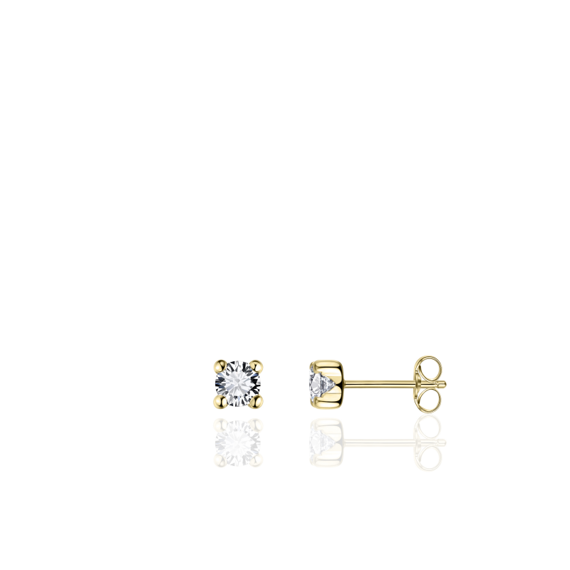 14k geelgouden oorknop met een zirkonia, gezet in een chaton met vier zetpoten. De zirkonia heeft een diameter van 4mm