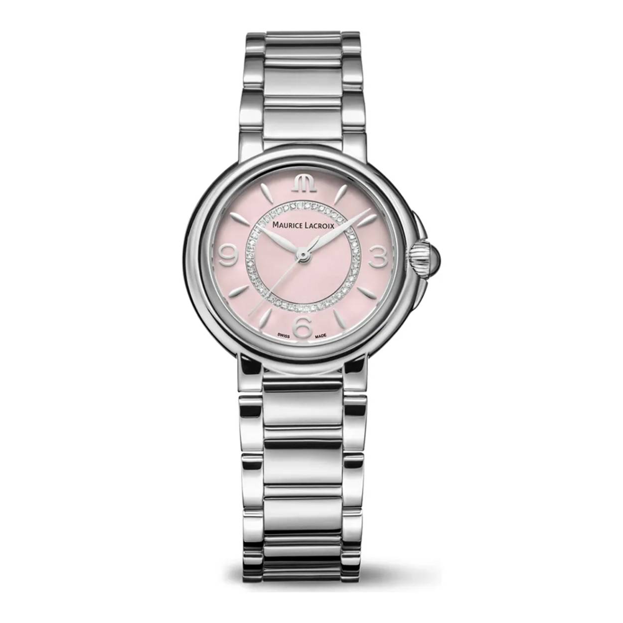 Dit is een horloge van het merk Maurice Lacroix gemaakt voor dames.
De specificaties zijn als volgt:
Kastmaat: 32 mm
Kastdikte: 9
Bandbreedte: 17
Waterdichtheid: 3 ATM / 30 Meter / 100 Feet