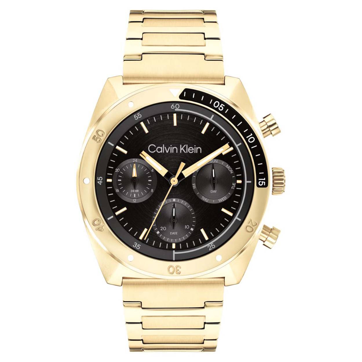 Dit Calvin Klein horloge behoort tot de Flex collectie.
Referentienummer: CK25300465

Dit Calvin Klein horloge is een stoer en stijlvol ontwerp. De goudkleurige ronde stalen kast heeft een bewerkte bezel en een geschuurde zwarte wijzerplaat met dag, datum en 24-uursaanduiding. De wijzers en strepen zijn ingelegd met lumibrite. Aan de kast zit een goudkleurige stalen mat glanzende schakelband met vouwsluiting. Het herenhorloge heeft een mineraalglas, een doorsnee van 42mm en is 5ATM.
