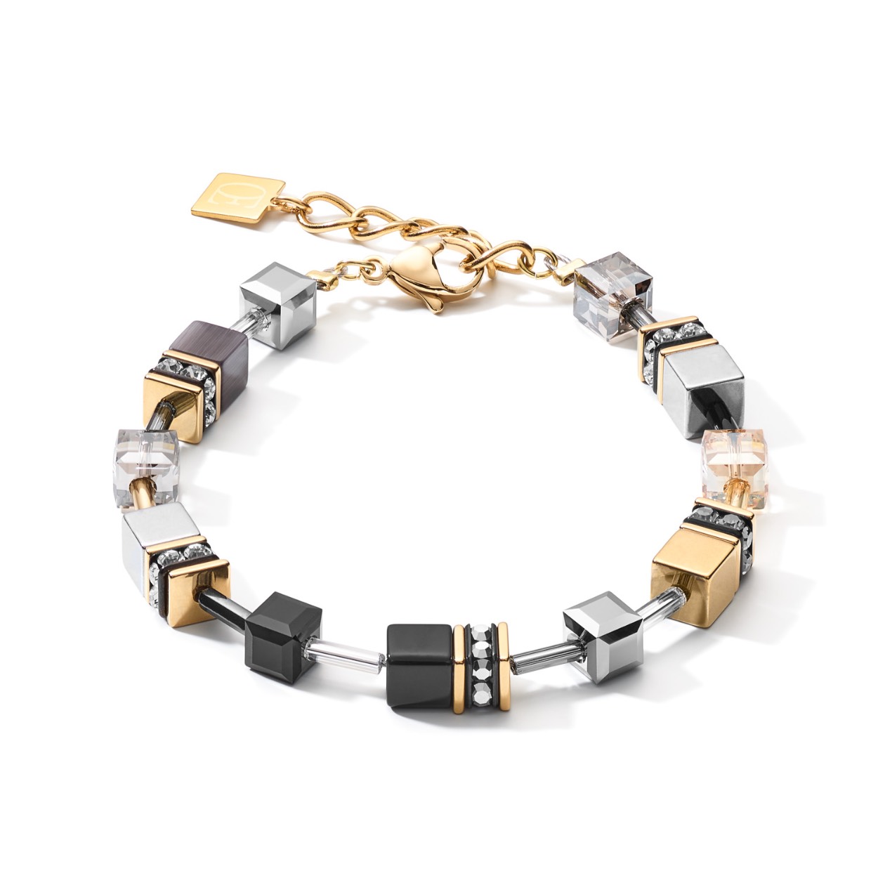 Verguld roestvrij staal collier in sprankelende, natuurlijke tinten, handgemaakt met glinsterende Swarovski&reg;-kristallen, glas, strass rondellen, hematiet met een afwerking van titaniumoxide en synthetisch tijgeroog voor een opvallende, glamoureuze look.