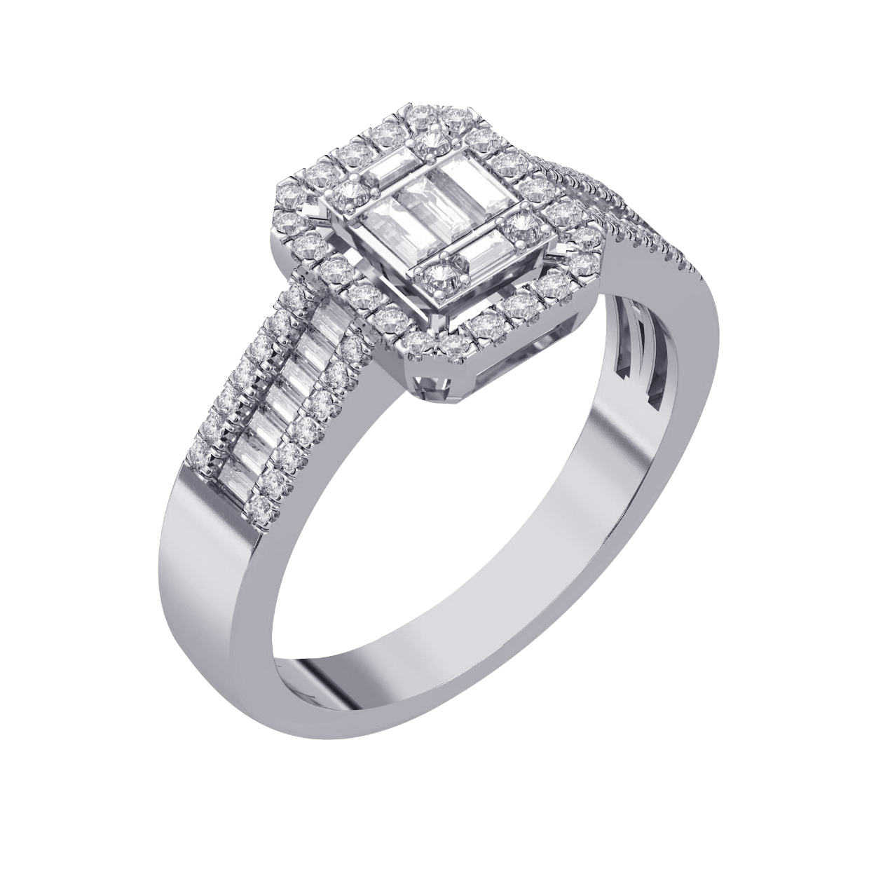 Witgouden ring met 54-0.25 crt briljant en 19-0.25crt baguette