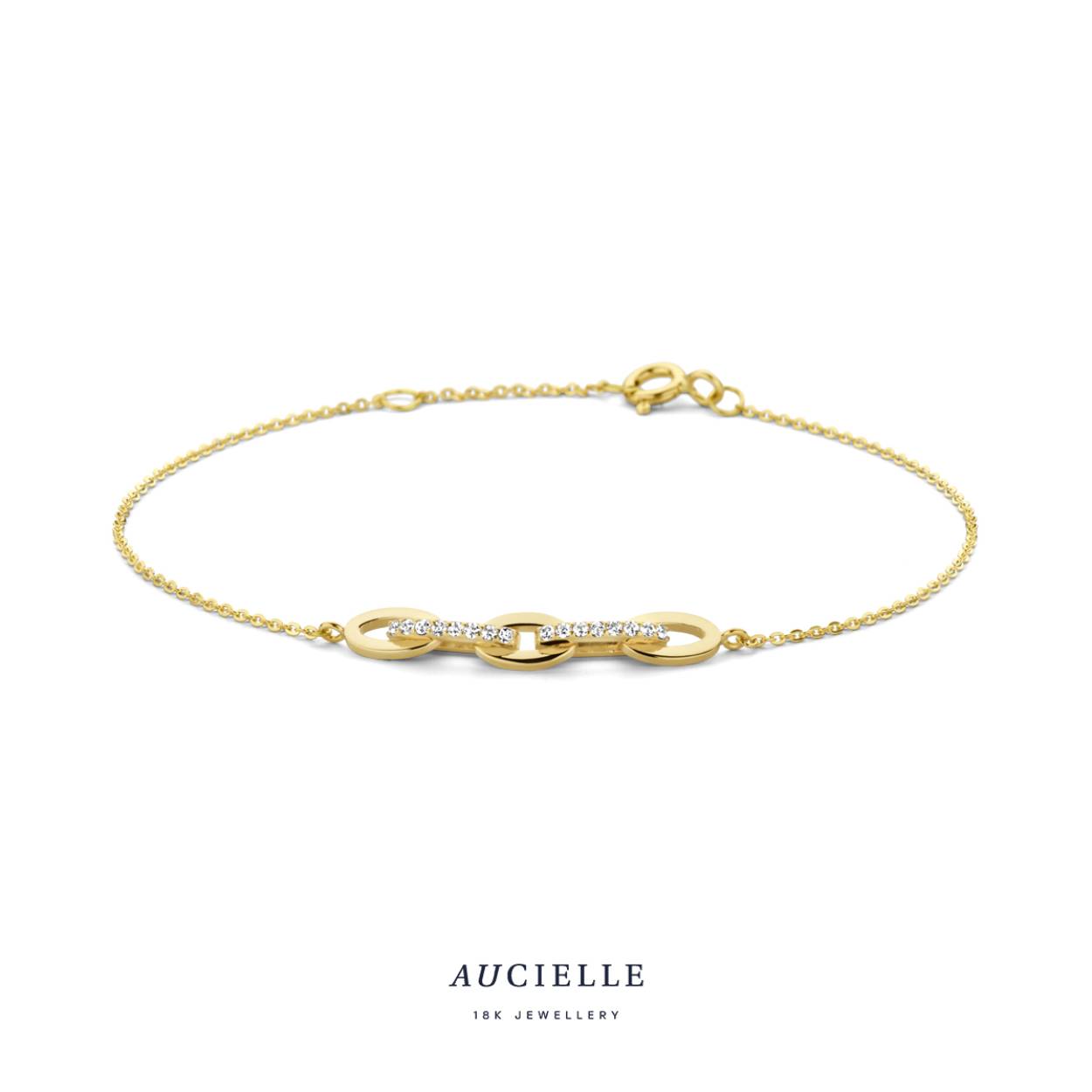 18 kt gouden armband met zirkonium van het merk AUcielle
Lengte: 16 + 2 cm
Bijhorende oorbellen en collier ook verkrijgbaar
