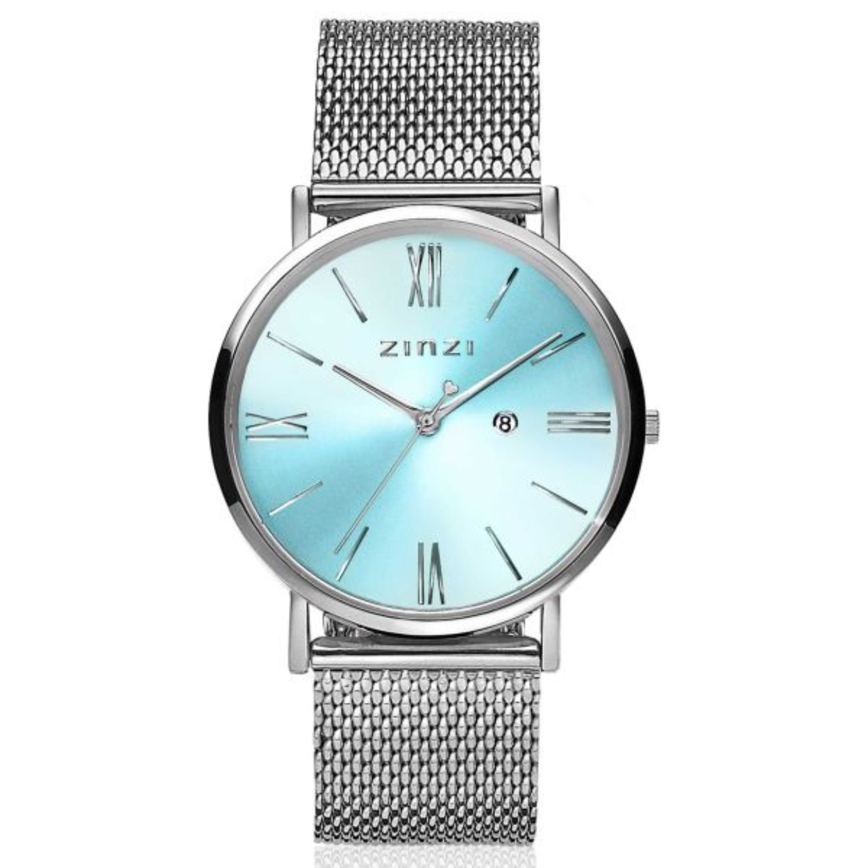 ZINZI Roman horloge Ice blue gekleurde wijzerplaat, stalen kast stalen mesh band 34mm extra dun ZIW545M