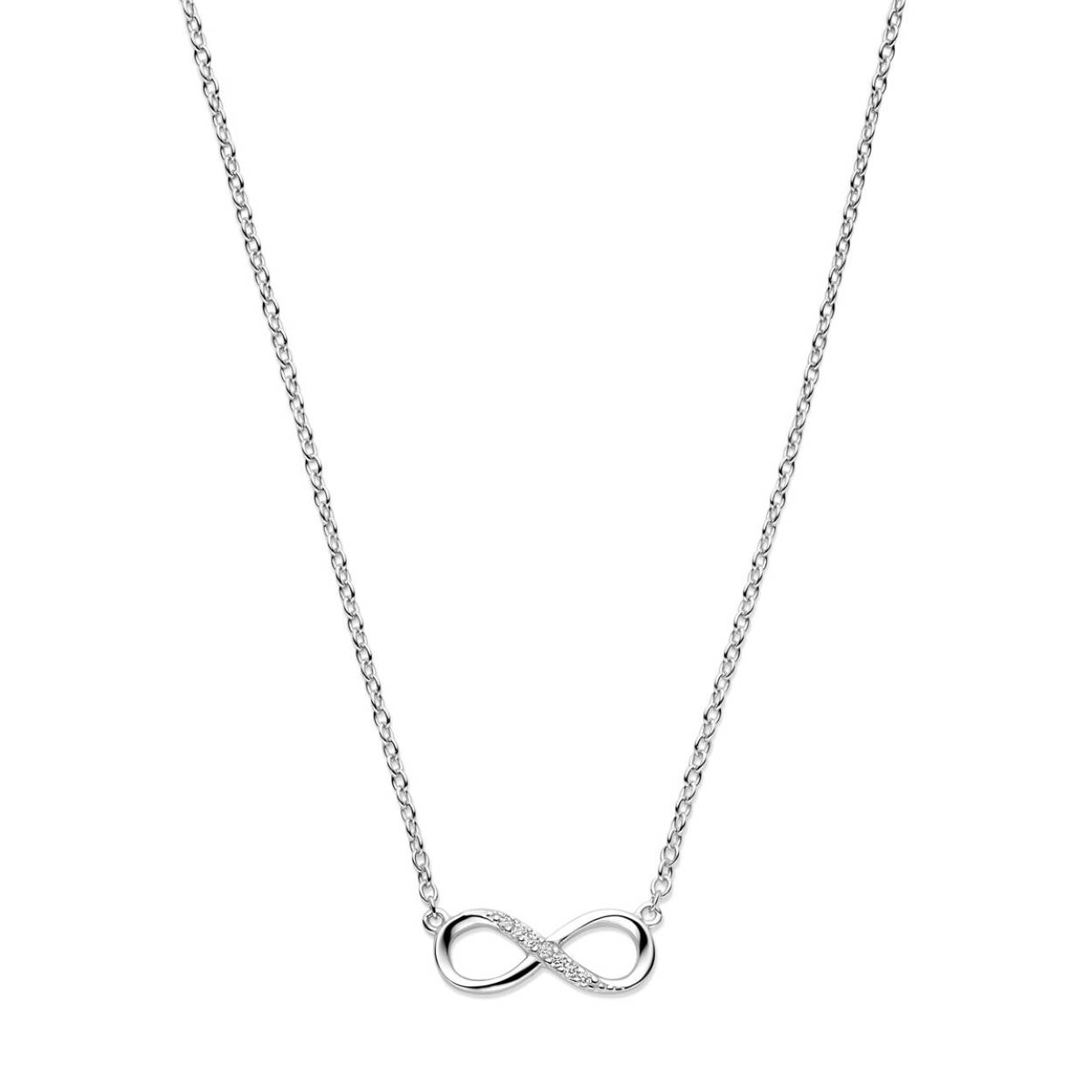 Gerhodineerd zilveren collier met infinity teken en zirkonia. Het collier is onderdeel van een set. De lengte van het collier bedraagt 41cm met 4cm extensie. De schakelbreedte bedraagt 1.2mm.