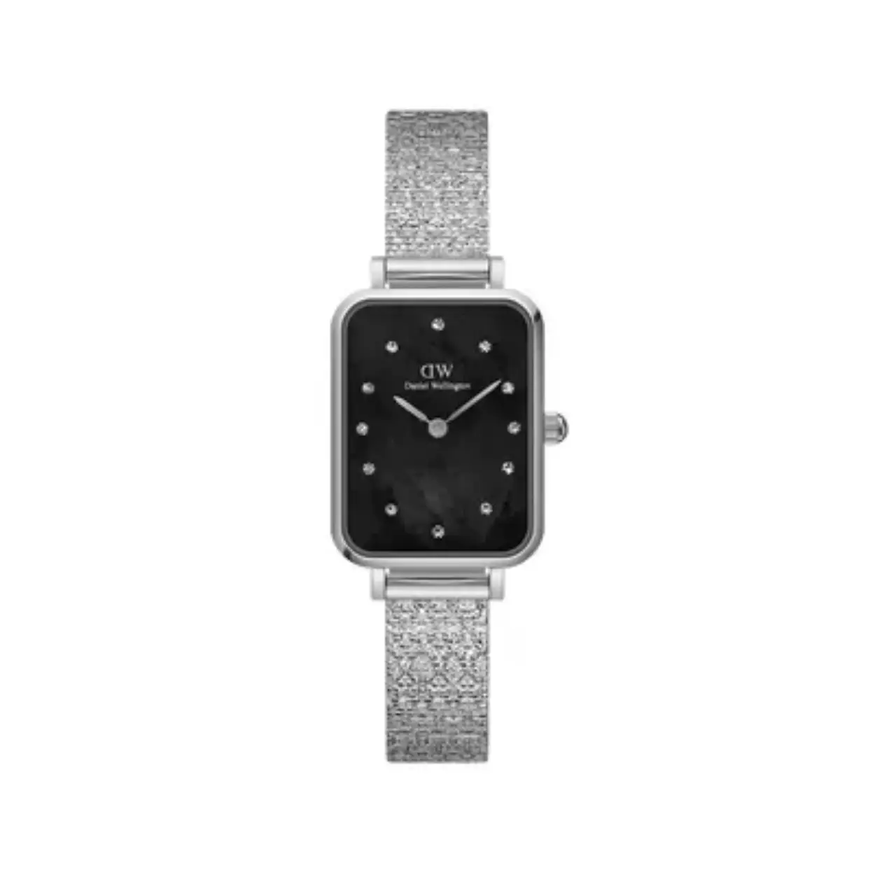 Daniel Wellington dames horloge, stalen mesh band met rechthoekige kast, zwarte wijzerplaat met steentjes als index
