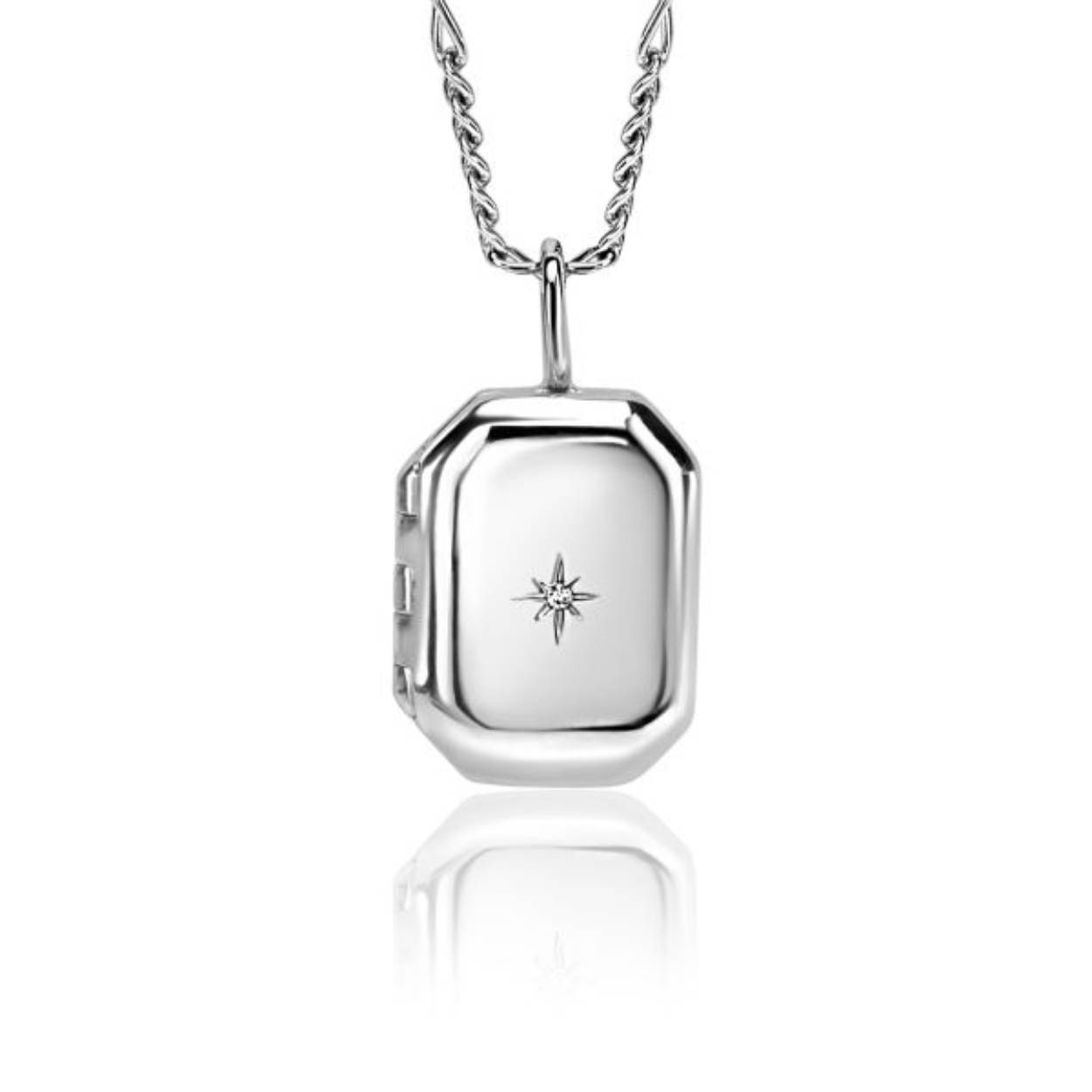 ZINZI zilveren medaillon rechthoek 22 x 12 mm glanzend bezet met een witte zirconia in ster-zetting. Leuk om een kleine foto in te bewaren. De hanger is vervaardigd van eerste gehalte zilver (925) en extra gerodineerd. Exclusief ketting geprijsd.