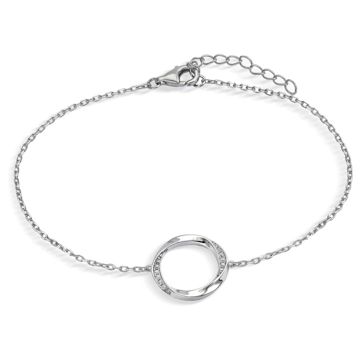 Fine bracelet with wrapped circle and zirconia design. A design as simple as elegant with which you can give a touch of elegance to your outfits. Sterling silver bracelet with circle design and white zirconia detail. Ideal to crown your everyday looks and combine it with earrings, pendant and matching ring. Dare to shine!