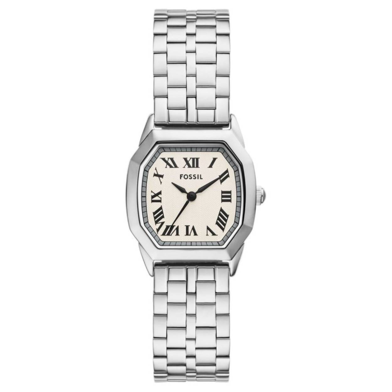 Geïnspireerd door een klassieker uit de archieven, brengt Harlow de verfijning van het verleden naar het heden. Dit gedetailleerde gepolijste roestvrijstalen armbandhorloge met vijf schakels heeft een achthoekige kast, getextureerde crèmekleurige wijzerplaat en een uurwerk met drie wijzers.