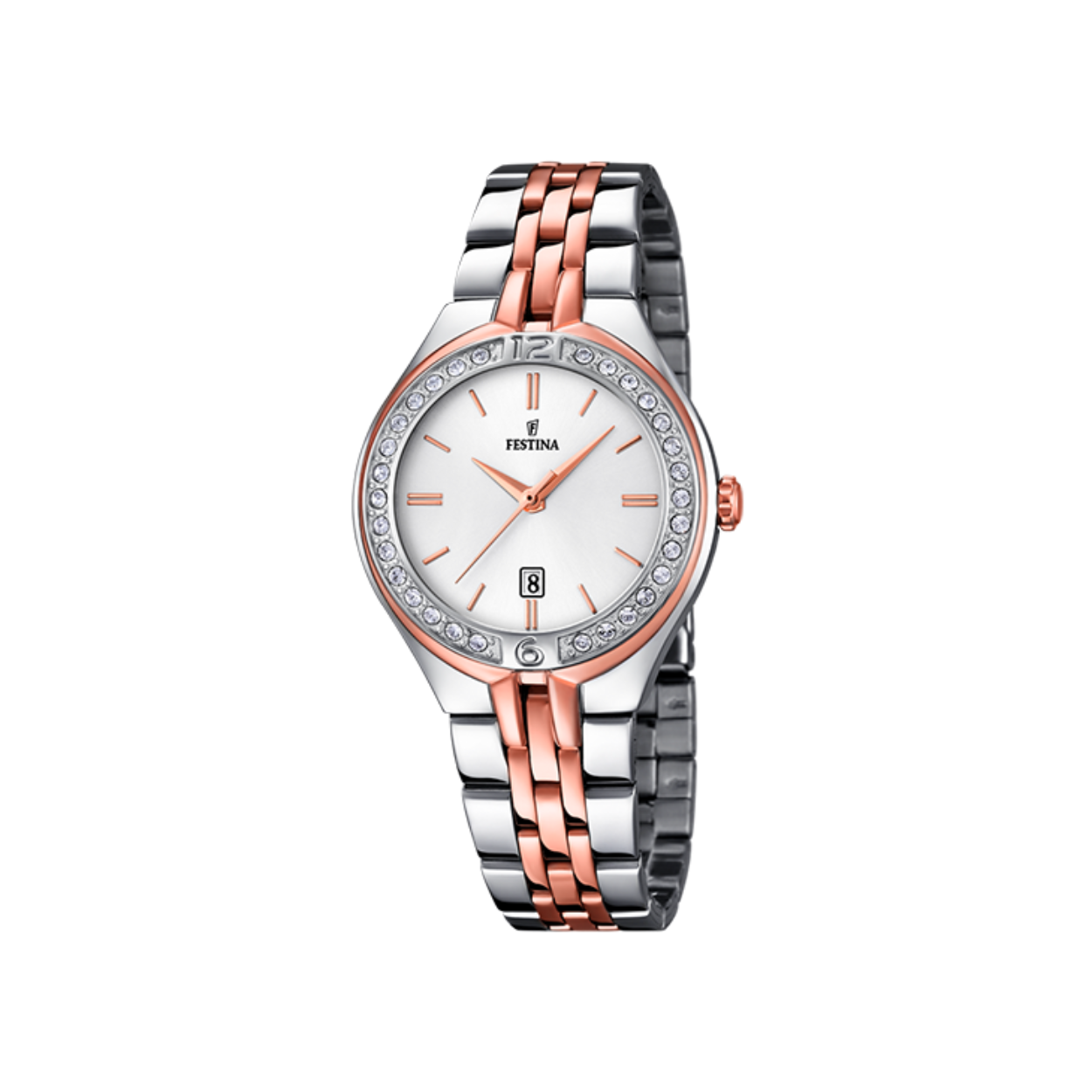 Festina damesuurwerk
Collectie: Mademoiselle
Zilver/rosékleurige band in edelstaal
Zilver/rosékleurige kast in edelstaal met zirkonium
Witte wijzerplaat met datumaanduiding en rosékleurige uuraanduiding