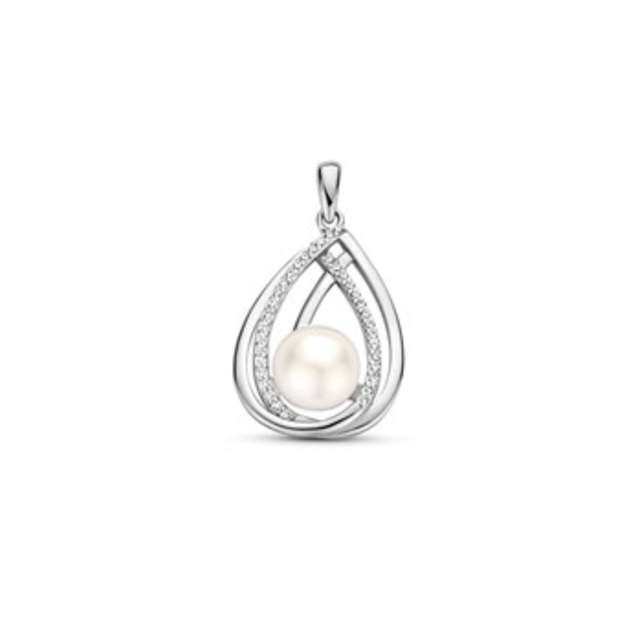 Gerhodineerd 925 zilveren hanger uitgevoerd met een schitterende parel en zirkonia rij. De hanger heeft een totale hoogte van 2.8cm en een breedte van 16mm. De parel heeft een diameter van 8.5mm