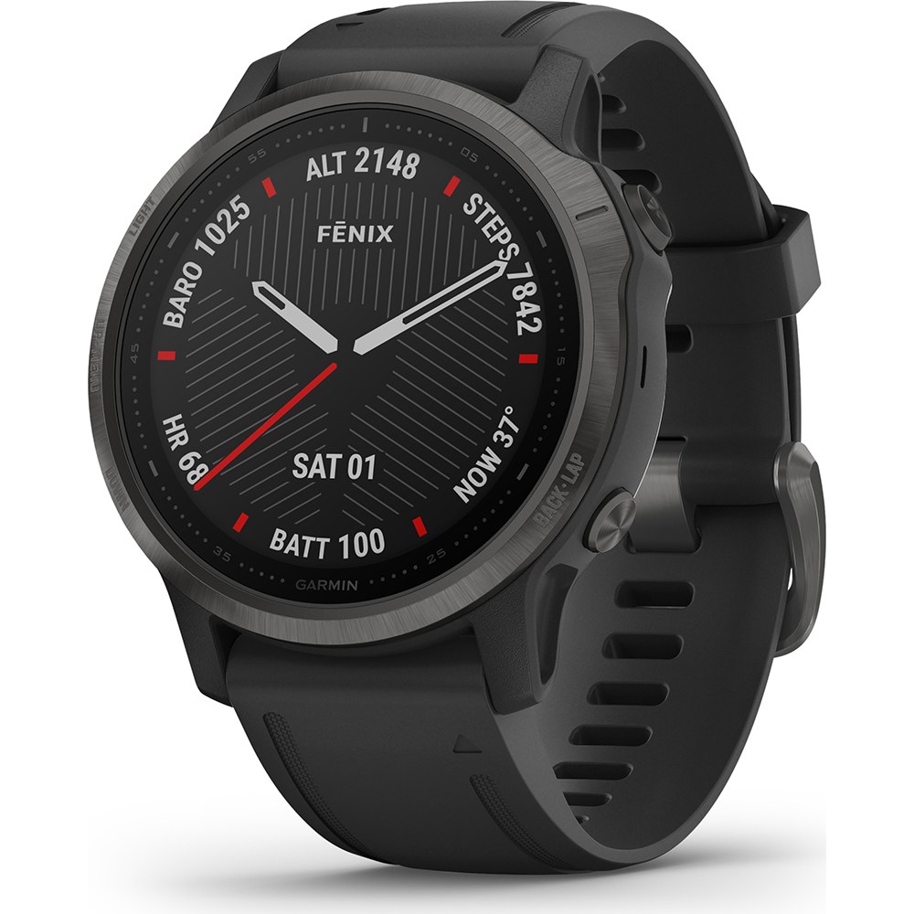 Garmin Smartwatch 010-02159-25 Fenix 6S Multisport GPS, Pulse Ox, carbon versterkt en saffierglas. Deze smartwatch heeft een aanzienlijk groter display dan de voorgaande Fenixmodellen zoals de Fenix 5. Dit model heeft een 1.2 inch display (30,4 mm). Ook nieuw bij de Fenix 6S is 'Always-0n display' daarmee kan je het display ook in het zonlicht duidelijk aflezen. De Fenix 6 is tevens voorzien van een nieuwe militaire standaard wat betreft de constructie. Deze is volgens de Amerikaanse Militaire standaard 810 goedgekeurd in relatie tot thermische, schok- en waterbestendigheid. Het horloge heeft een verbeterde optische hartslagtechnologie die de intensiteit van jouw fitnessactiviteiten meet. De nieuwe Pulse Ox sensor op de pols zorgt ervoor dat jij weet wat je zuurstofverzadiging (saturation) in je bloed is. Vanzelfsprekend kent het horloge meerdere satellietnetwerken voor als het echt zwaar gaat worden, dan staan GPS, GLONASS en Galileo voor je klaar. De unieke en nieuwe 'PacePro-functie' helpt je om jouw tempo-doelstellingen te behalen bij een veranderde hellingsgraad. Gebruik topografische kaarten om jouw tochten te navigeren en zelfs namen van skihellingen en moeilijksgraden te bekijken voor 2000 skigebieden in de hele wereld. Nieuw zijn ook de Veiligheids- en trackingsfuncties en de 'Roundtrip routing'.