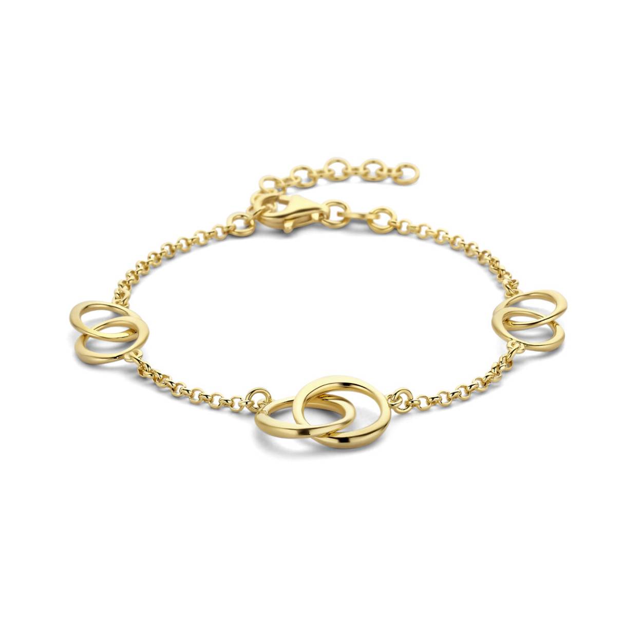 14k Geelgoud op 925 zilveren armband uitgevoerd met een karabijnsluiting. De armband heeft een draaglengte van 16cm met een extensie van 3cm.