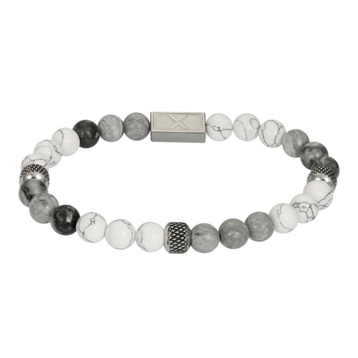 De iXXXi MEN armband Tyme bestaat uit een combinatie van stainless steel in de kleur mat zilver en een mix van wit- en grijskleurige kralen. In het midden van de armband bevindt zich een rechthoekig detail met een 'X' erop gegraveerd. De iXXXi heren armband Tyme is verkrijgbaar in twee maatvoeringen (19,5 - 20 en 21,5 - 22) en door middel van elastiek gemakkelijk te dragen. Mix en match met verschillende armbanden uit de iXXXi MEN collectie en maak zo jouw look compleet!