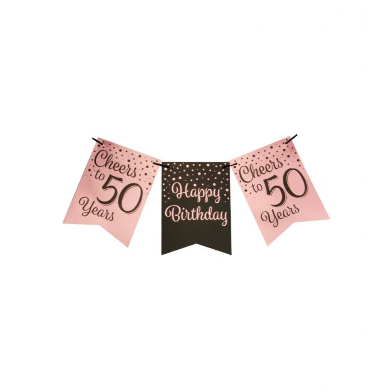 De rose/black party flag banners maken goede sier op een feestje zoals bijvoorbeeld een jubileum, maar ook op een verjaardagsfeest zoals deze rose/black party flag banner met opdruk 50. Door de gebruikte kleuren hebben deze flag banners een luxe maar toch feestelijke uitstraling! De vlaggetjes zijn gemaakt van folie met een bedrukking aan beide kanten