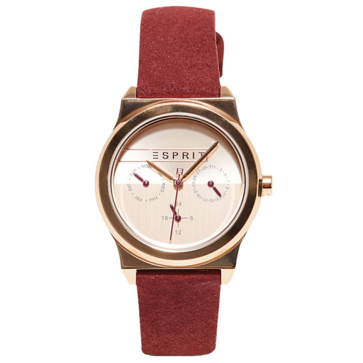 Dit dames horloge is van het merk Esprit. Het is een quartz horloge met dag datum aanduidingen. De band is gemaakt van lederen. De diameter van de kast is 36mm.