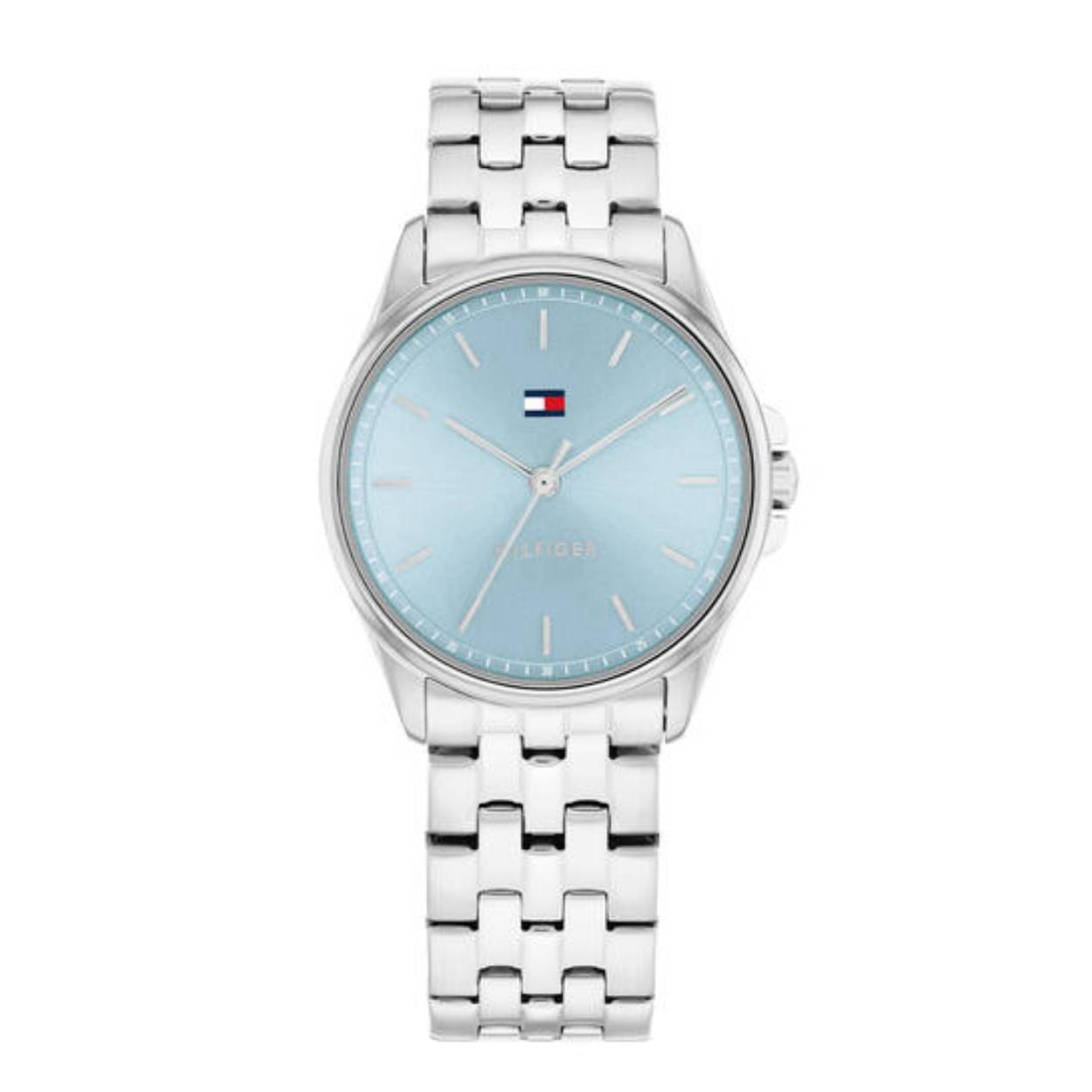 Tommy Hilfiger dameshorloge in edelstaal met een lichtblauwe wijzerplaat. Model Jade TH1782771
