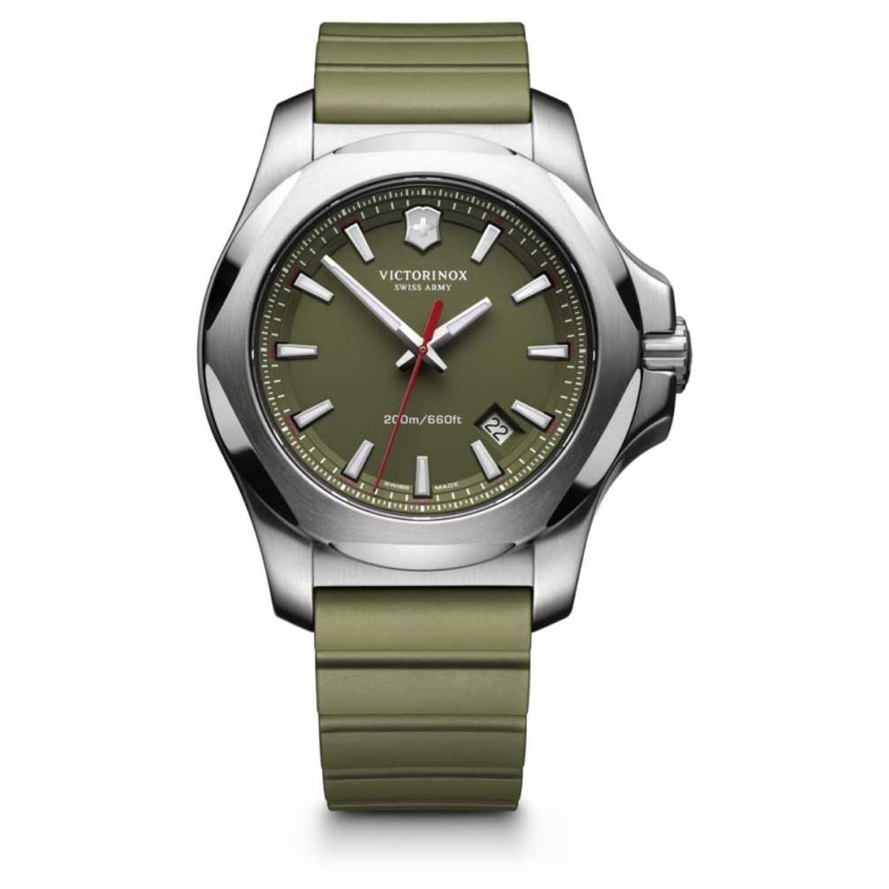 Victorinox INOX herenhorloge. Rvs horlogekast en Rubber band. Quartz uurwerk. Gesp sluiting. Waterdicht 200 meter.