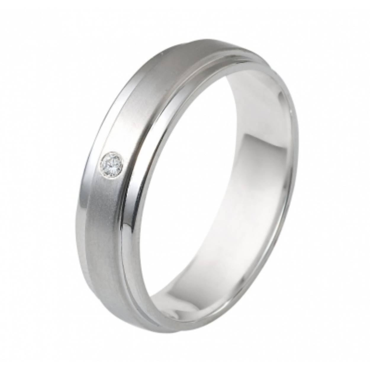 585 witgouden trouwringen, mat/glanzend. De damesring is 4 mm en heeft een 0.015ct briljant, de herenring is 7 mm maar in verschillende breedte te verkrijgen. De Prijs is op aanvraag