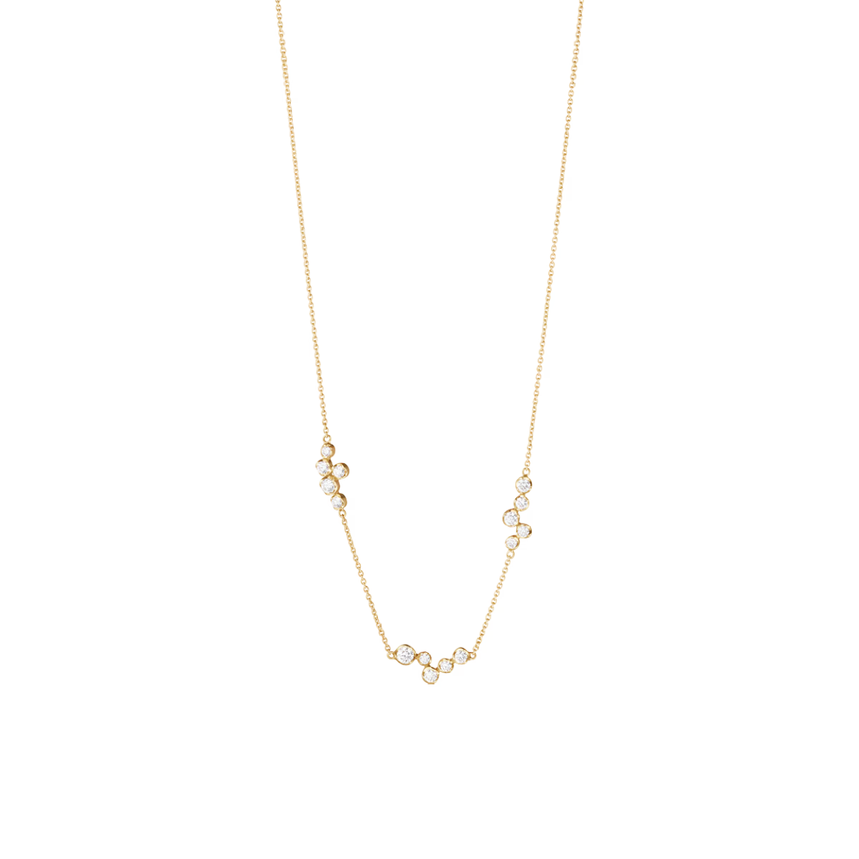 A minimalist and elegant piece designed for everyday and special occasions alike, this stunning 18kt gold necklace features clusters of brilliant-cut diamonds scattered around the chain. The diamonds are set in the signature Georg Jensen way, which is designed to maximise their brilliance by capturing more light.