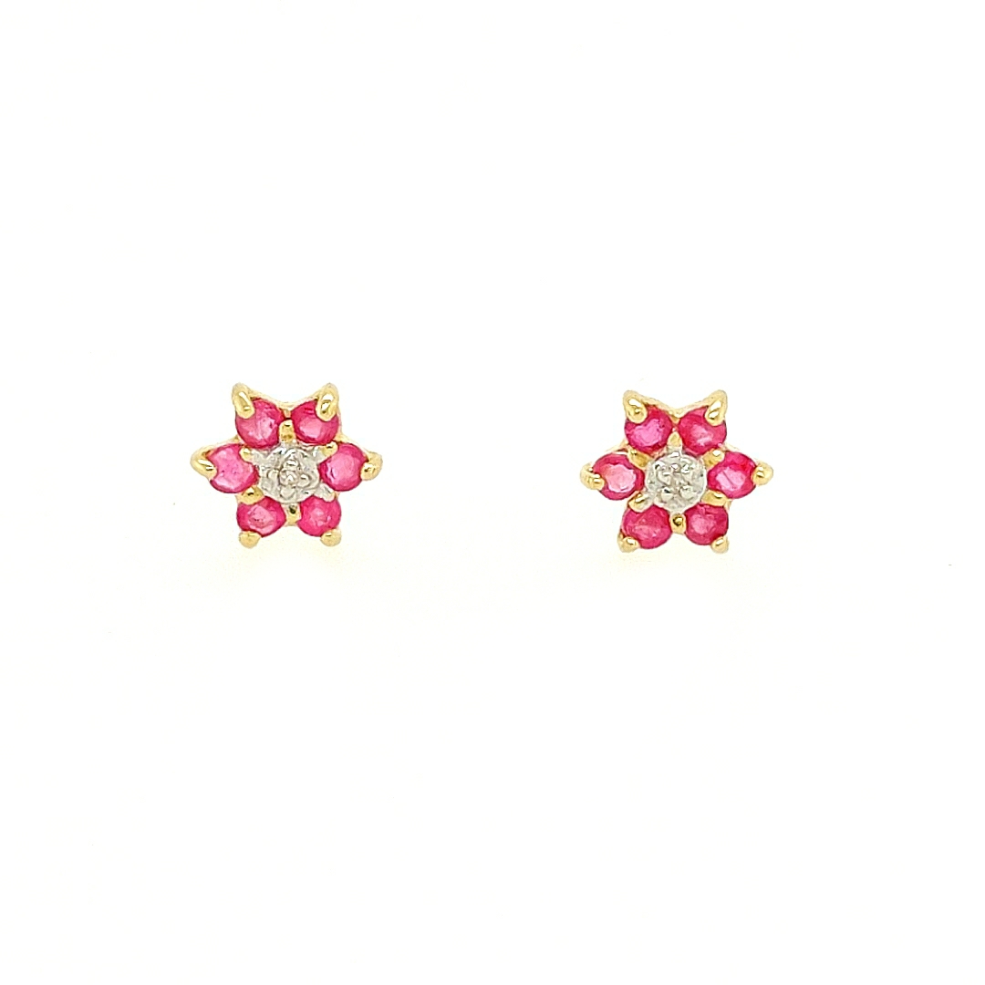 Deze geel gouden oorstekers zijn ontzettend leuk! Deze oorstekers hebben de vorm van een bloem en de robijntjes zorgen ervoor dat deze bloem prachtig gekleurd is. Het diamantje in het midden maakt deze ring nog mooier.

Oorstekers GOBS117WRSM zijn een setje met ring GRBS116WRSM en hanger GHABS057WRSM.