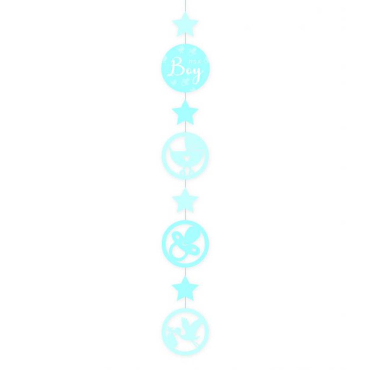 Een geboorte feestje kan niet zonder deze babyblauwe hanging decorations It's a boy! De hanging decorations zijn gemaakt van plastic en zijn ongeveer 120 centimeter lang.