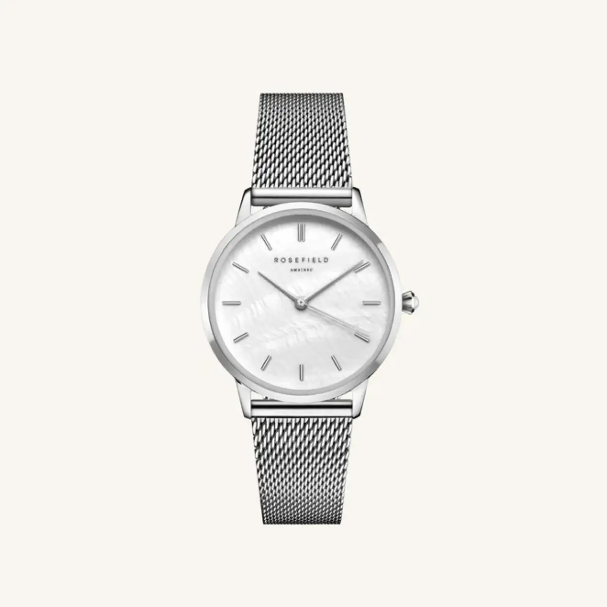 De Rosefield Pearl Edit Mesh White MOP Silver, modelnummer RMSMS-R08, is een stijlvolle polshorloge met een metalen kast van 36 mm en een zilverkleurige band. Het horloge heeft geen datumfunctie en is niet antiallergisch. Draag deze elegante accessoire bij zowel formele als casual gelegenheden voor een verfijnde look.