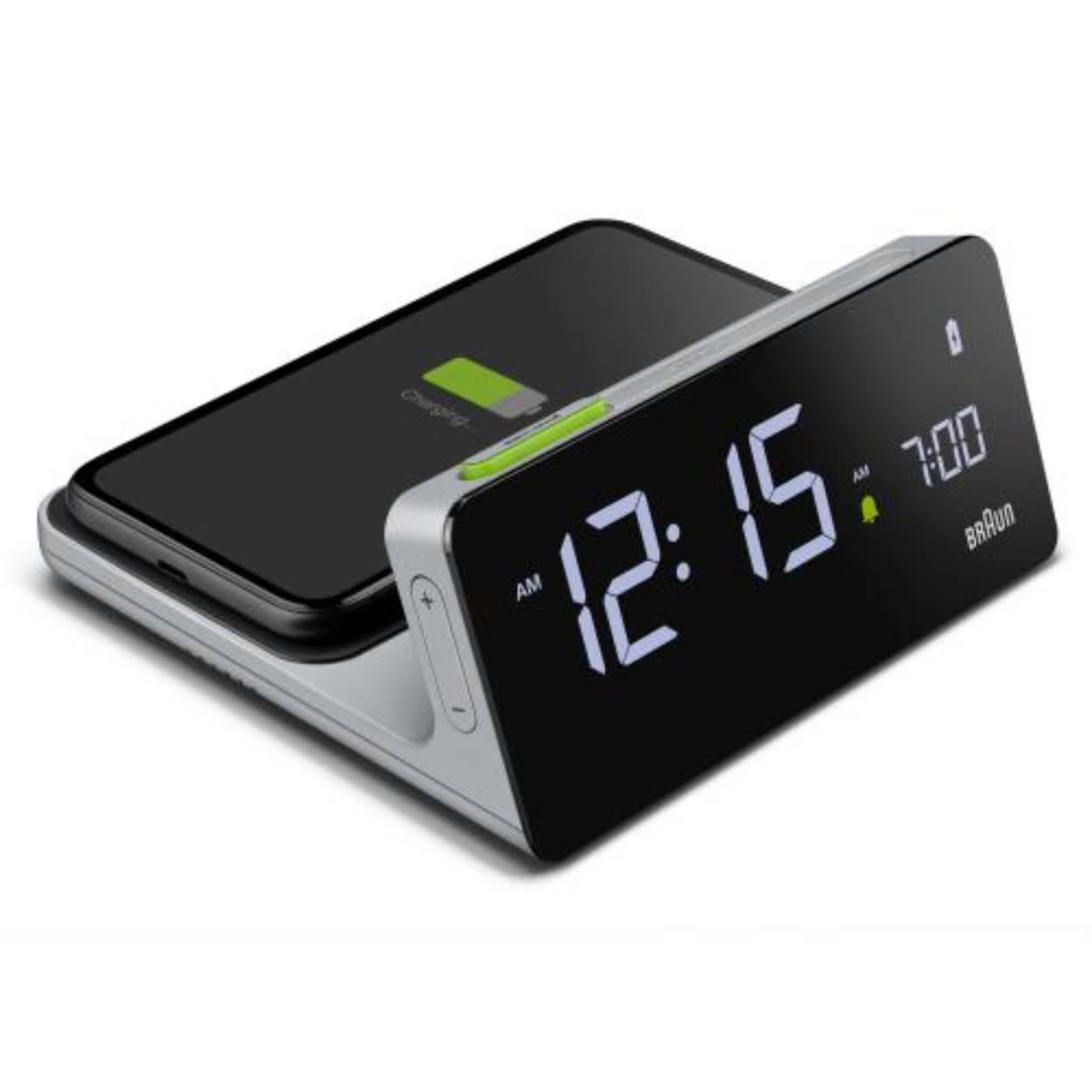 Digitale LCD wekker van het merk Braun
Met laadstation voor smartphone
Crescendo alarm
Touch snooze knop
12/24 uur display
Kleur: Grijs
Afmetingen: 14cm x 6,35 cm x 14 cm