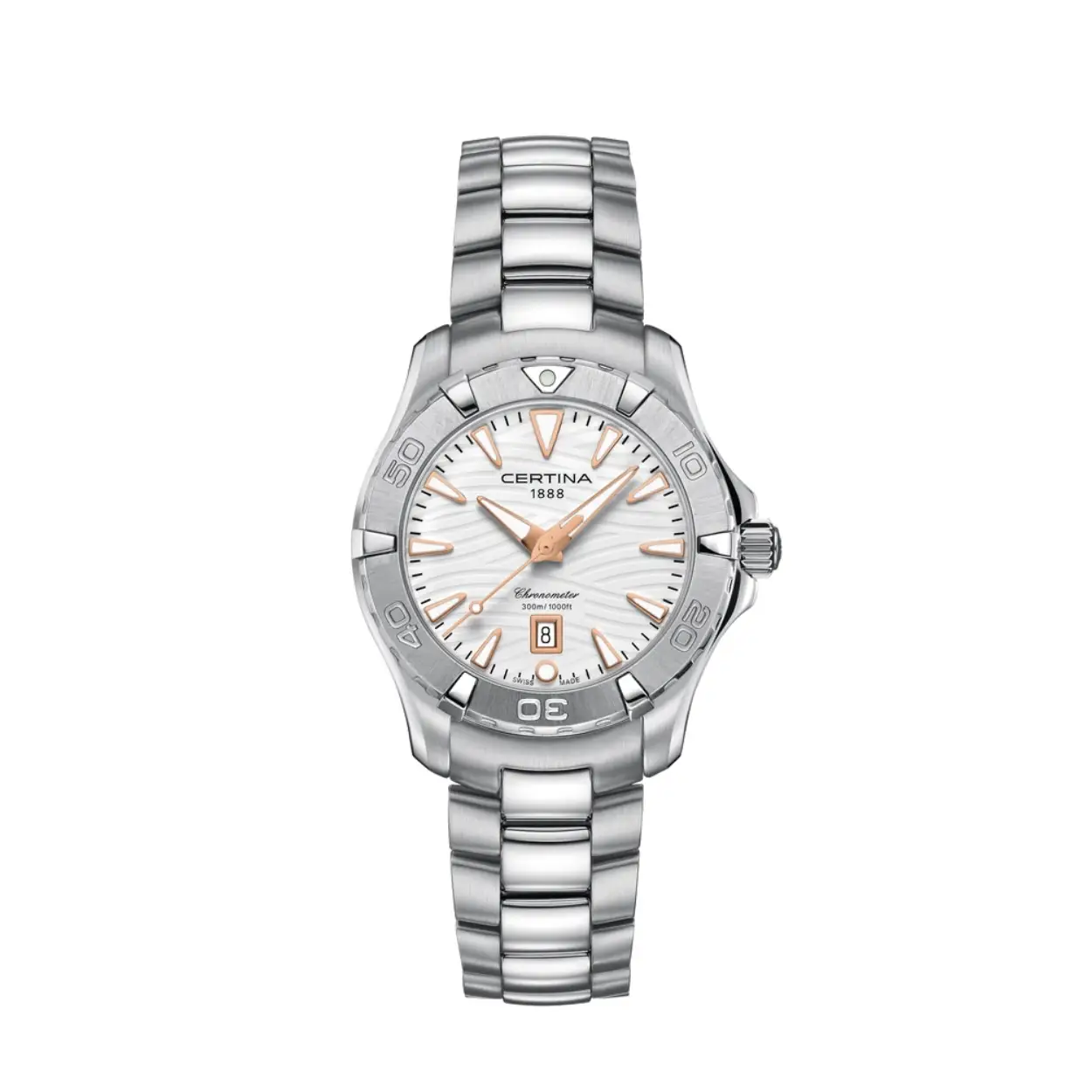 Serie: DS action

Artikelnr.: C0322511101101

Diameter: 34.3mm

Dikte: 10mm

Materiaal kast: roestvrijstaal

Materiaal band: roestvrijstaal

Kleur kast: zilver

Kleur wijzerplaat: wit

Kleur tijdaanduiding: roségoud

Uurwerk: quartz

Glas: saffier

Waterdichtheid: 30ATM

Garantie: 2 jaar op het uurwerk